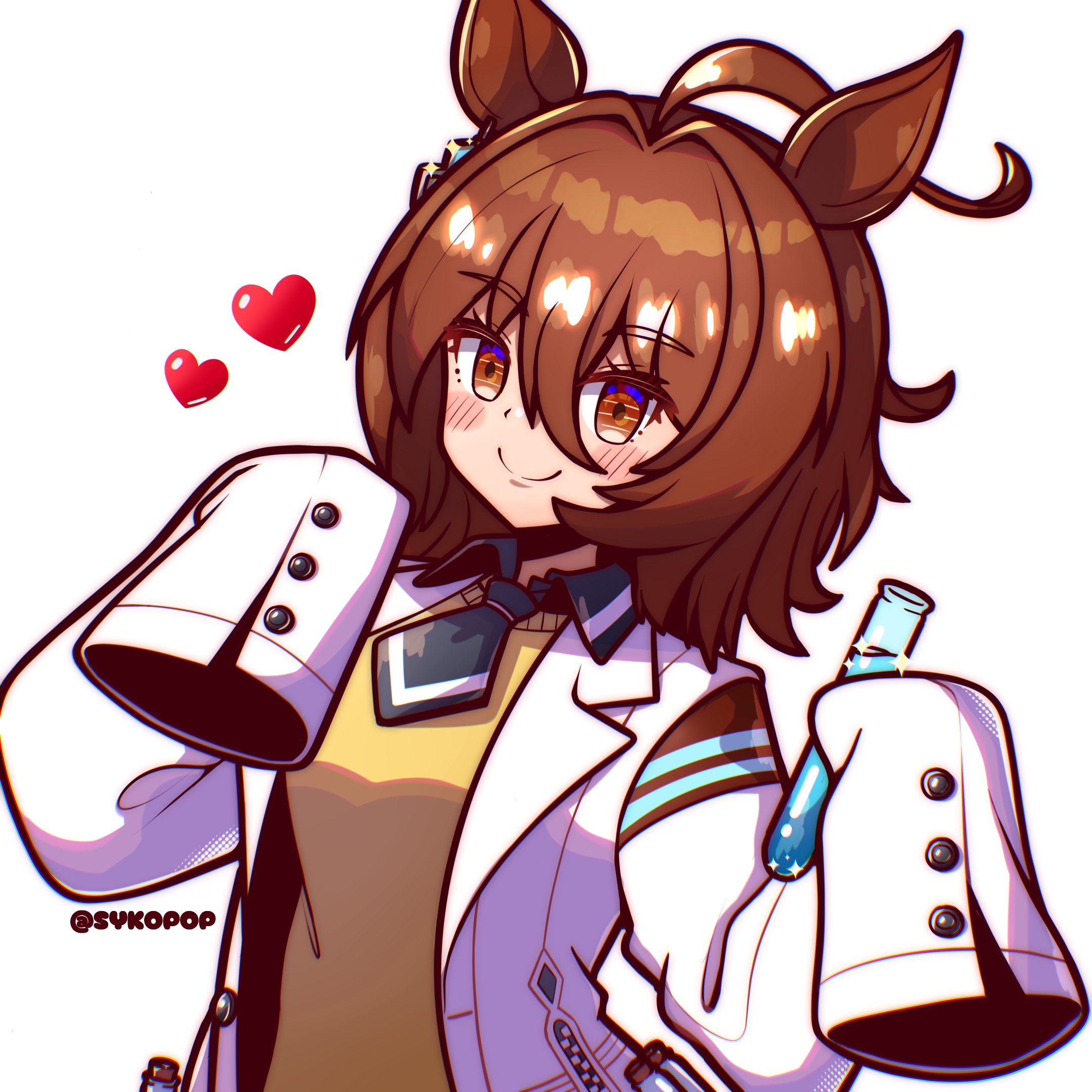 syko pop, agnes tachyon (tach-nology) (umamusume), agnes tachyon (umamusume), umamusume, highres, 1girl, ahoge, animal ears, blush, brown hair, chemical structure, closed mouth, coat, earrings, hair between eyes, heart, holding, holding test tube, horse ears, horse girl, huge ahoge, jewelry, lab coat, long sleeves, looking at viewer, medium hair, necktie, red eyes, short necktie, simple background, single earring, sleeves past fingers, sleeves past wrists, smile, solo, sweater, sweater vest, test tube, upper body, white background, white coat, yellow sweater, yellow sweater vest