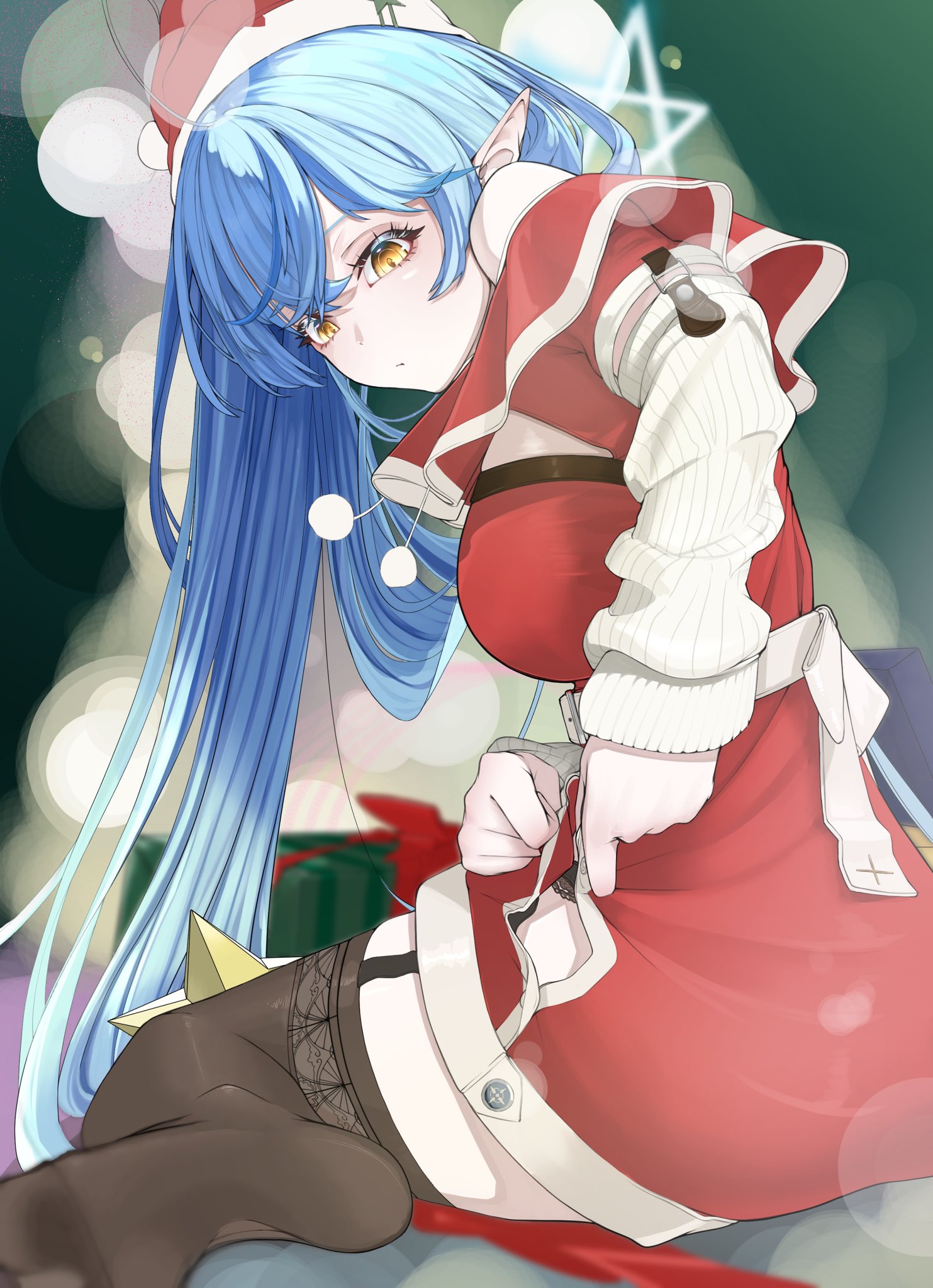 edge ill, yukihana lamy, hololive, hashtag-only commentary, highres, 1girl, ahoge, alternate costume, black thighhighs, blue hair, blurry, blurry background, box, breasts, buttoning, buttons, christmas, closed mouth, crossed bangs, dress, fur-trimmed headwear, fur trim, garter straps, gift, gift box, hair between eyes, hat, large breasts, long hair, long sleeves, looking down, multicolored hair, no shoes, pointy ears, red dress, red hat, santa hat, solo, thighhighs, virtual youtuber, yellow eyes