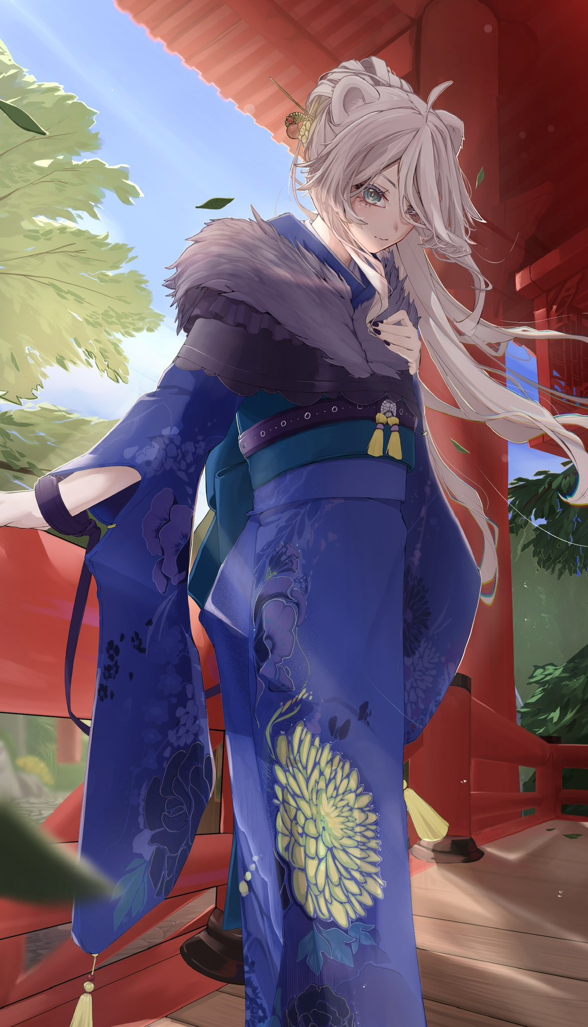 edge ill, shishiro botan, hololive, hashtag-only commentary, highres, 1girl, ahoge, alternate costume, animal ears, blue kimono, closed mouth, full body, fur-trimmed kimono, fur trim, grey eyes, grey hair, japanese clothes, kimono, lion ears, lion girl, long hair, looking at viewer, parted bangs, solo, standing, virtual youtuber