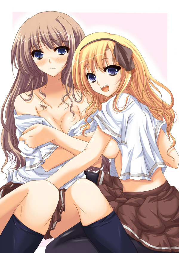 kazumi yoshizu, original, 2girls, blonde hair, blue eyes, blush, breasts, brown hair, embarrassed, multiple girls, school uniform, socks, thighhighs, underboob, undressing