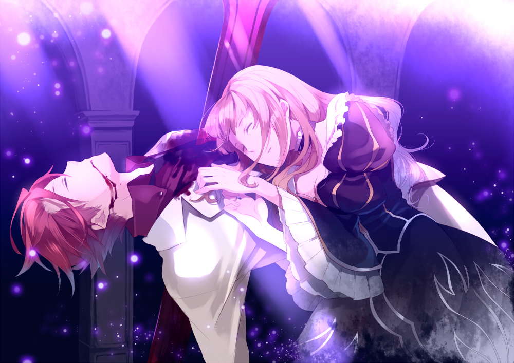 hanokage, beatrice (umineko), ushiromiya battler, umineko no naku koro ni, 00s, 1boy, 1girl, blonde hair, blood, blue eyes, closed eyes, death, impaled, red hair, short hair, sword, weapon