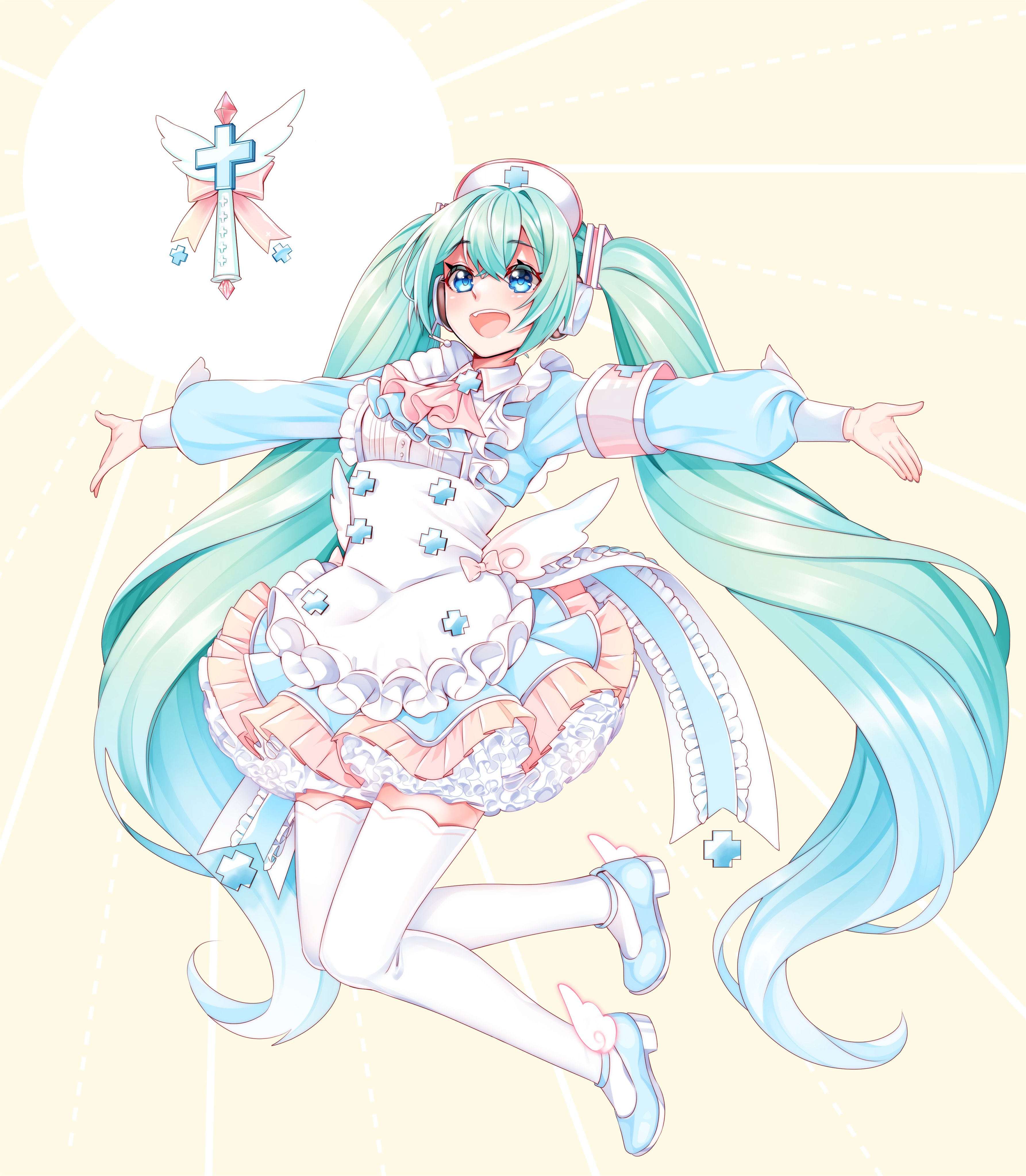 masumofu, hatsune miku, vocaloid, absurdres, commentary request, highres, 1girl, apron, aqua ascot, aqua dress, aqua eyes, aqua hair, aqua shoes, ascot, blush, breasts, collared shirt, cross, dress, frilled apron, frilled dress, frills, gold trim, hair between eyes, hair ornament, hat, long hair, long sleeves, medium breasts, nurse, nurse cap, open mouth, pink ascot, shirt, shoes, smile, solo, thighhighs, twintails, very long hair, white apron, white thighhighs, zettai ryouiki