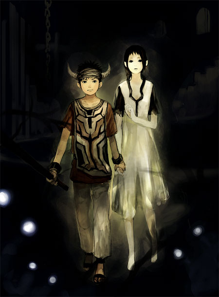 sumishuu, ico (character), yorda, ico, bad id, bad pixiv id, 1boy, 1girl, dress, hetero, holding hands, horns, oekaki, surcoat, tabard