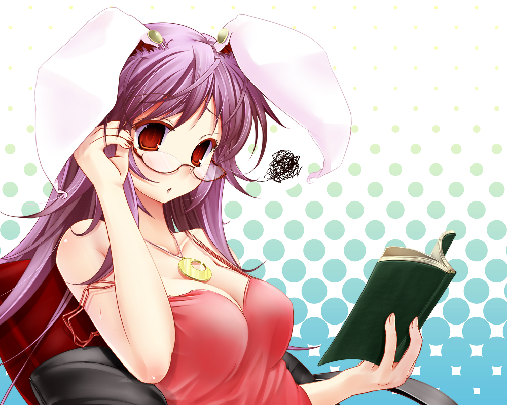 scarlet (studioscr), reisen udongein inaba, touhou, bad id, bad pixiv id, 1girl, adjusting eyewear, animal ears, bespectacled, book, crescent, female focus, glasses, jewelry, long hair, necklace, purple hair, rabbit ears, red eyes, solo, strap slip