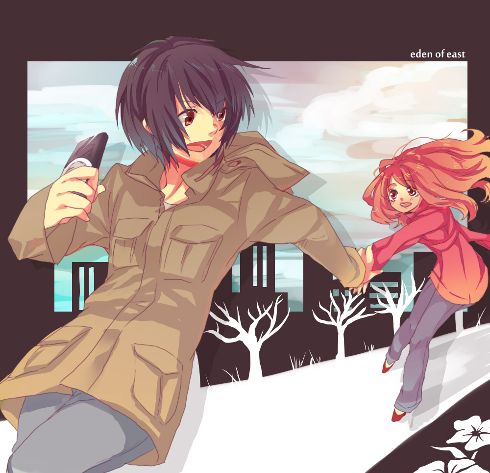 abi, morimi saki, takizawa akira, higashi no eden, 00s, 1boy, 1girl, :o, brown eyes, cellphone, coat, floating hair, foreshortening, long hair, long sleeves, looking back, open mouth, pants, phone, purple hair, very long hair, wavy hair