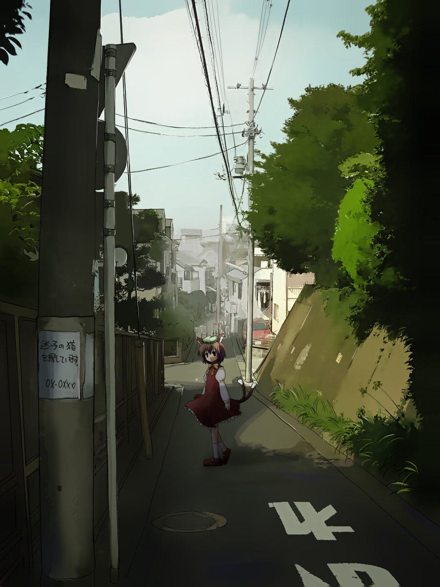 murasin, chen, touhou, highres, 1girl, animal ears, brown eyes, brown hair, cat ears, cat girl, cat tail, city, contemporary, dress, female focus, green hat, hat, looking back, multiple tails, nature, outdoors, plant, power lines, red shoes, shoes, short hair, sky, solo, standing, tail, two tails