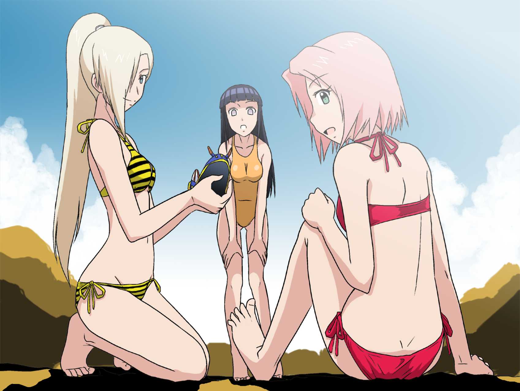 takaya n, haruno sakura, hyuuga hinata, yamanaka ino, naruto (classic), naruto (series), highres, 3girls, back, bare shoulders, barefoot, bikini, day, feet, hair over one eye, kneeling, leaning forward, multiple girls, ponytail, sitting, swimsuit