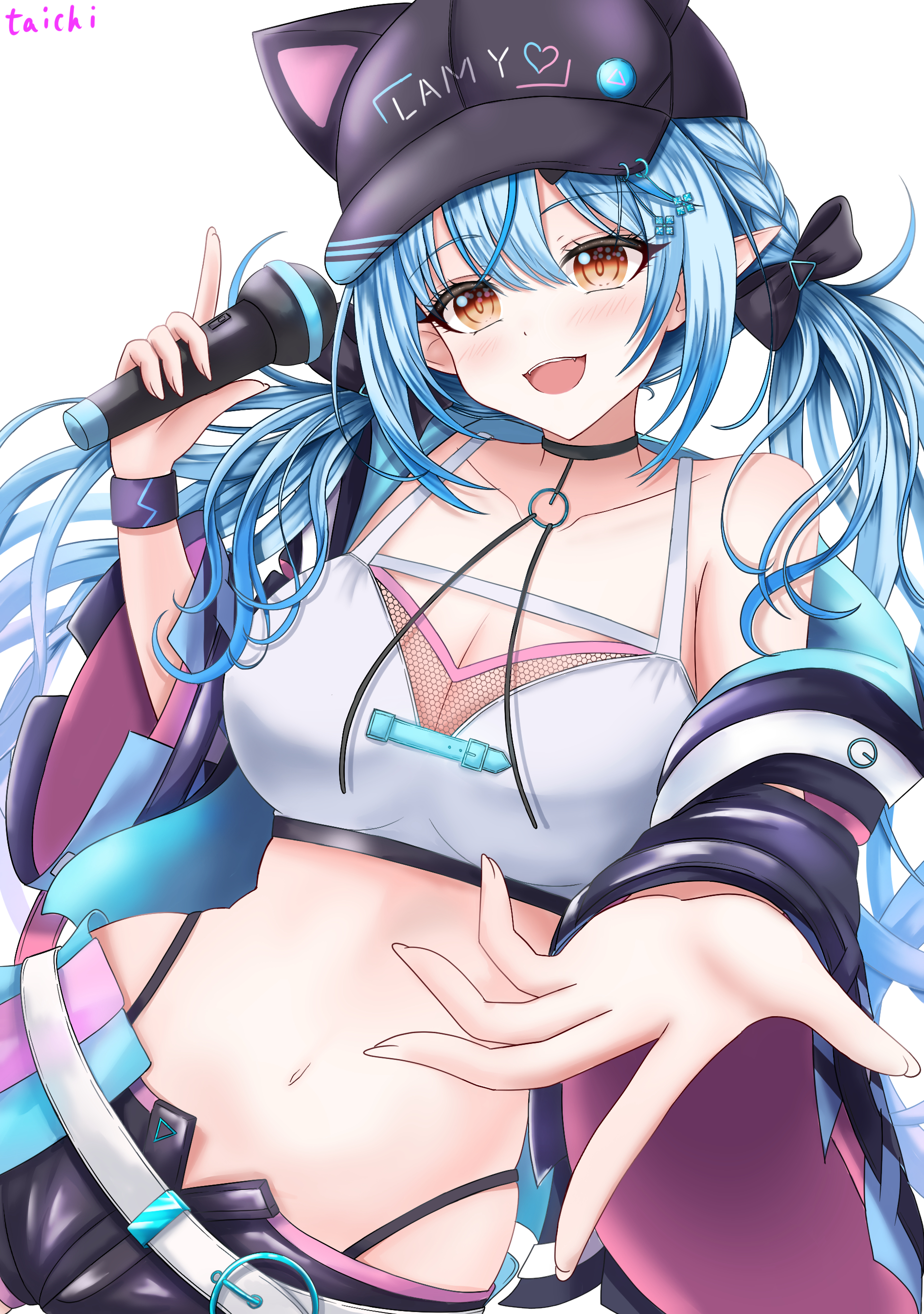 taichi8882, yukihana lamy, yukihana lamy (cyber), hololive, absurdres, commentary request, highres, 1girl, animal hat, baseball cap, belt, black choker, black hat, black jacket, black shorts, blue hair, braid, breasts, cat hat, choker, cleavage, collarbone, double-parted bangs, elf, hair between eyes, hat, holding, holding microphone, jacket, large breasts, long hair, long sleeves, looking at viewer, low twintails, microphone, navel, official alternate costume, open clothes, open jacket, open mouth, pointy ears, reaching, reaching towards viewer, short shorts, shorts, side braids, simple background, smile, solo, stomach, twintails, very long hair, virtual youtuber, white background, white belt, yellow eyes