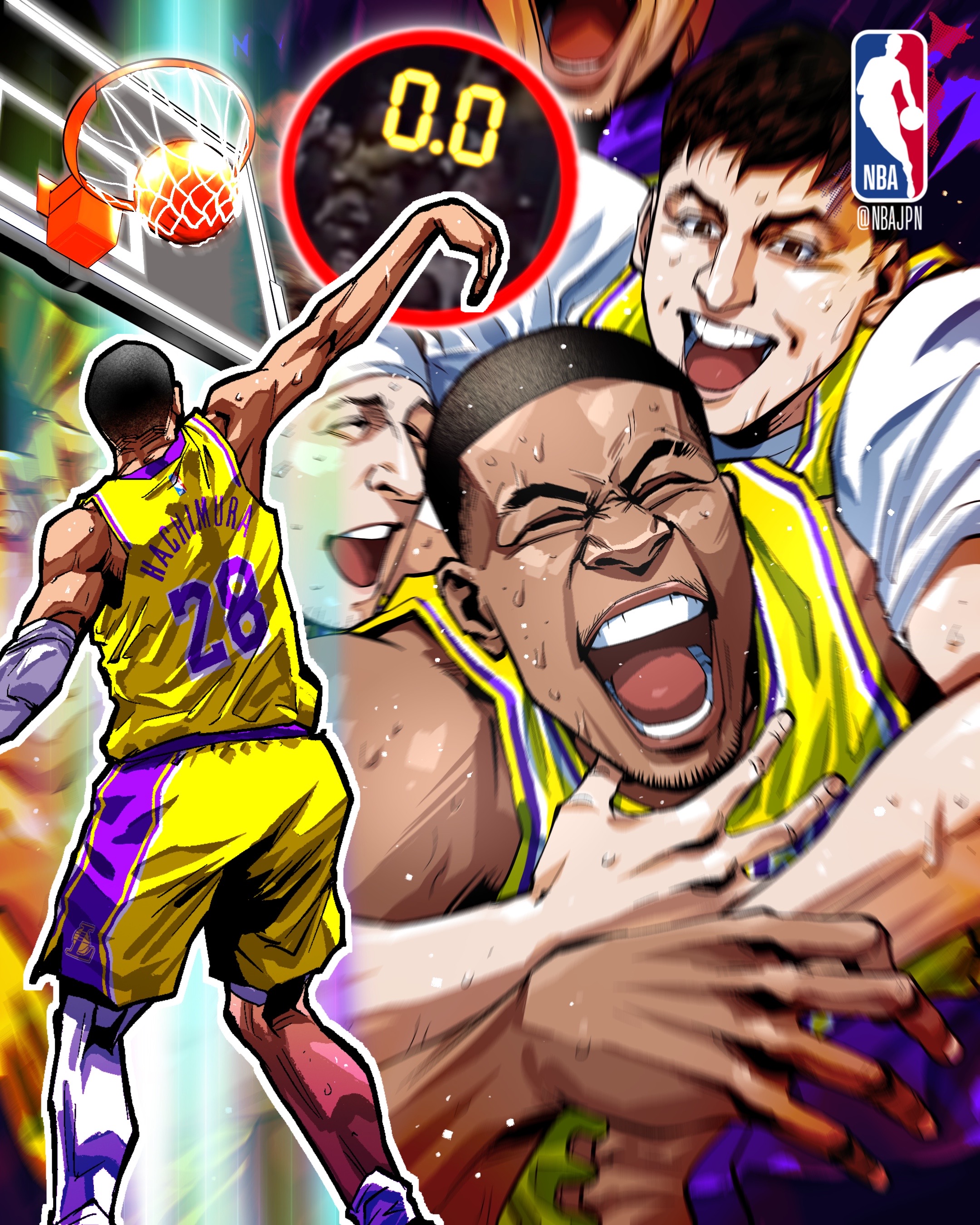 hachimura rui, los angeles lakers, national basketball association, real life, absurdres, artist request, character request, commentary, english commentary, highres, second-party source, 4boys, austin reaves, basketball, basketball jersey, basketball uniform, closed eyes, dark-skinned male, dark skin, eyebrow cut, headband, hug, hug from behind, multiple boys, open mouth, outline, short hair, shorts, smile, sportswear, standing, sweat, teeth, twitter username, white headband, white outline, yellow shorts