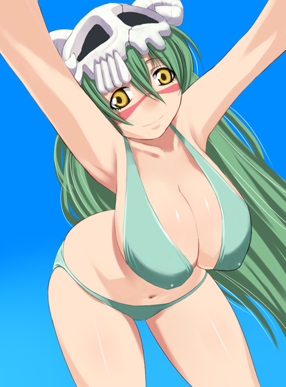 katatsuka kouji, nelliel tu odelschwanck, bleach, 00s, 1girl, armpits, arrancar, bikini, breasts, cleavage, facial mark, female focus, gradient background, green hair, hanging breasts, huge breasts, large breasts, leaning forward, long hair, simple background, skull, solo, swimsuit, yellow eyes