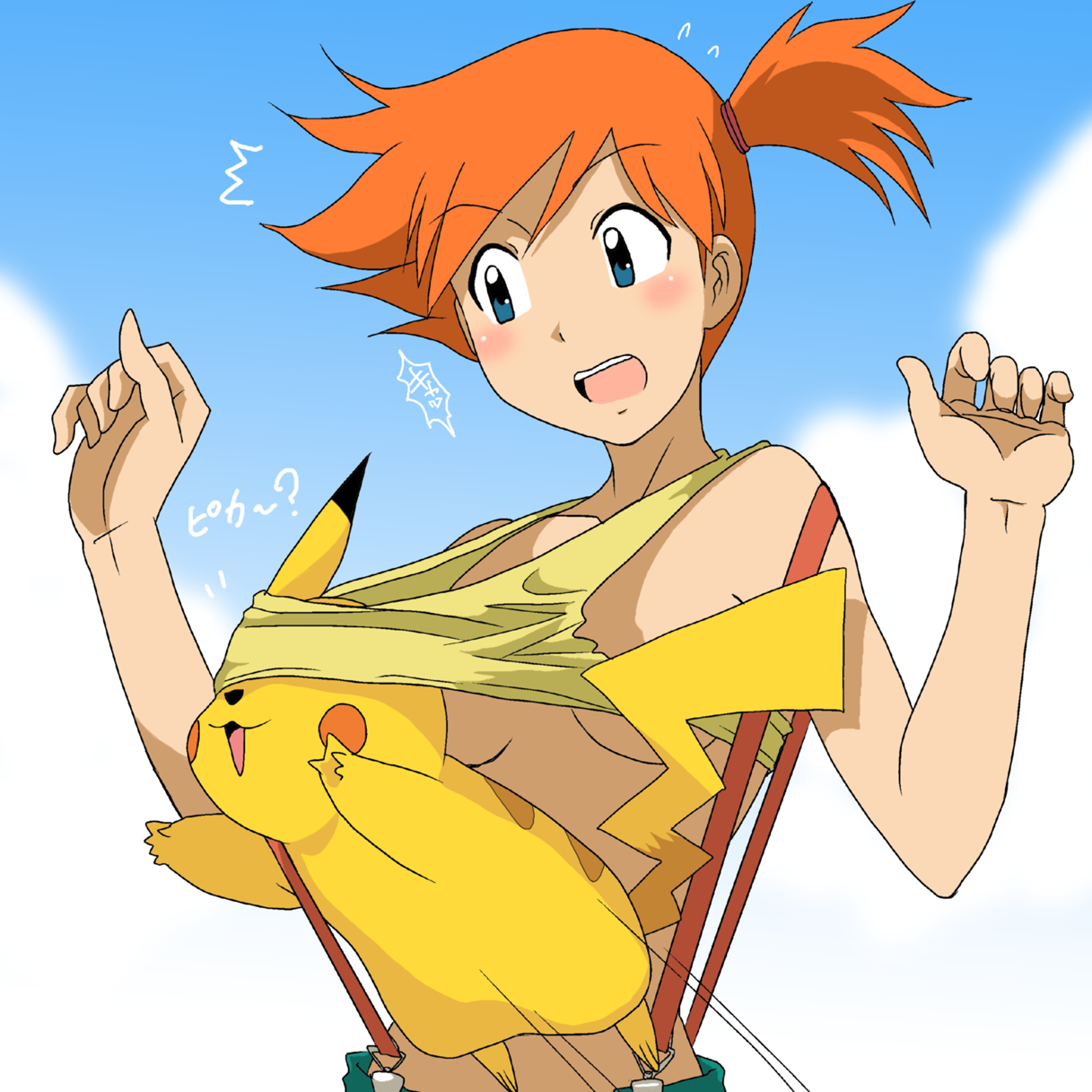 takaya n, misty (pokemon), pikachu, nintendo, pokemon, highres, 1girl, ^^^, assisted exposure, blindfold, blue eyes, blush, breasts, gen 1 pokemon, gym leader, medium breasts, orange hair, pokemon (creature), side ponytail, surprised, surprised arms, suspenders, underboob