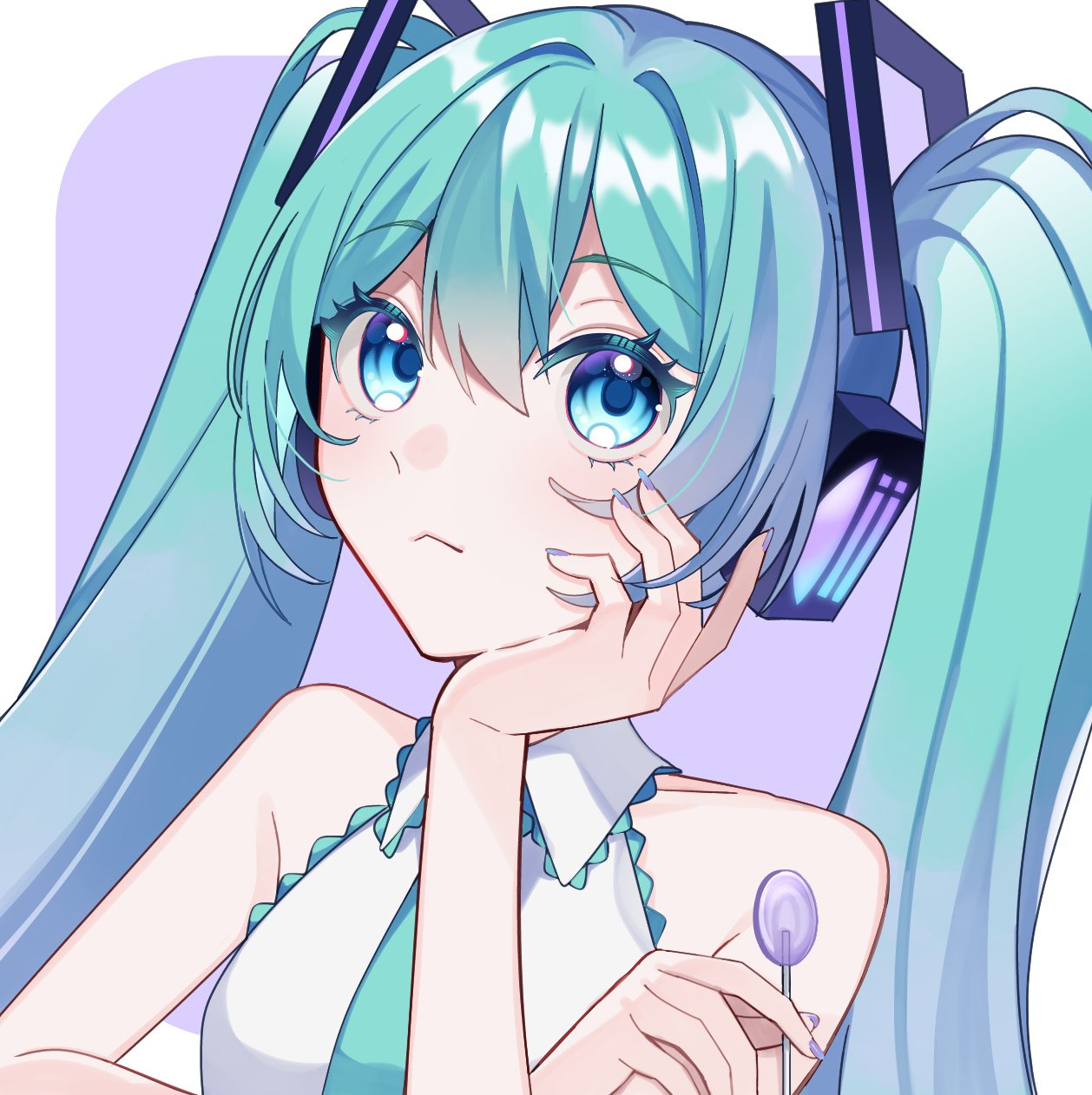 masumofu, hatsune miku, vocaloid, commentary request, highres, 1girl, aqua eyes, aqua hair, aqua necktie, aqua trim, bare shoulders, black sleeves, blush, breasts, candy, closed mouth, collarbone, collared shirt, food, hair between eyes, hair ornament, hand on own cheek, hand on own face, headset, holding, holding candy, holding food, holding lollipop, lollipop, long hair, medium breasts, necktie, shirt, simple background, sleeveless, sleeveless shirt, smile, solo, twintails, upper body, very long hair, white shirt