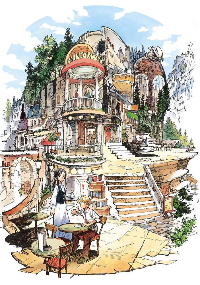 matsuda (matsukichi), original, mixed media, nib pen (medium), pen (medium), traditional media, !, 1boy, 1girl, architecture, balcony, cafe, drinking, menu board, scenery, slice of life, stairs, town