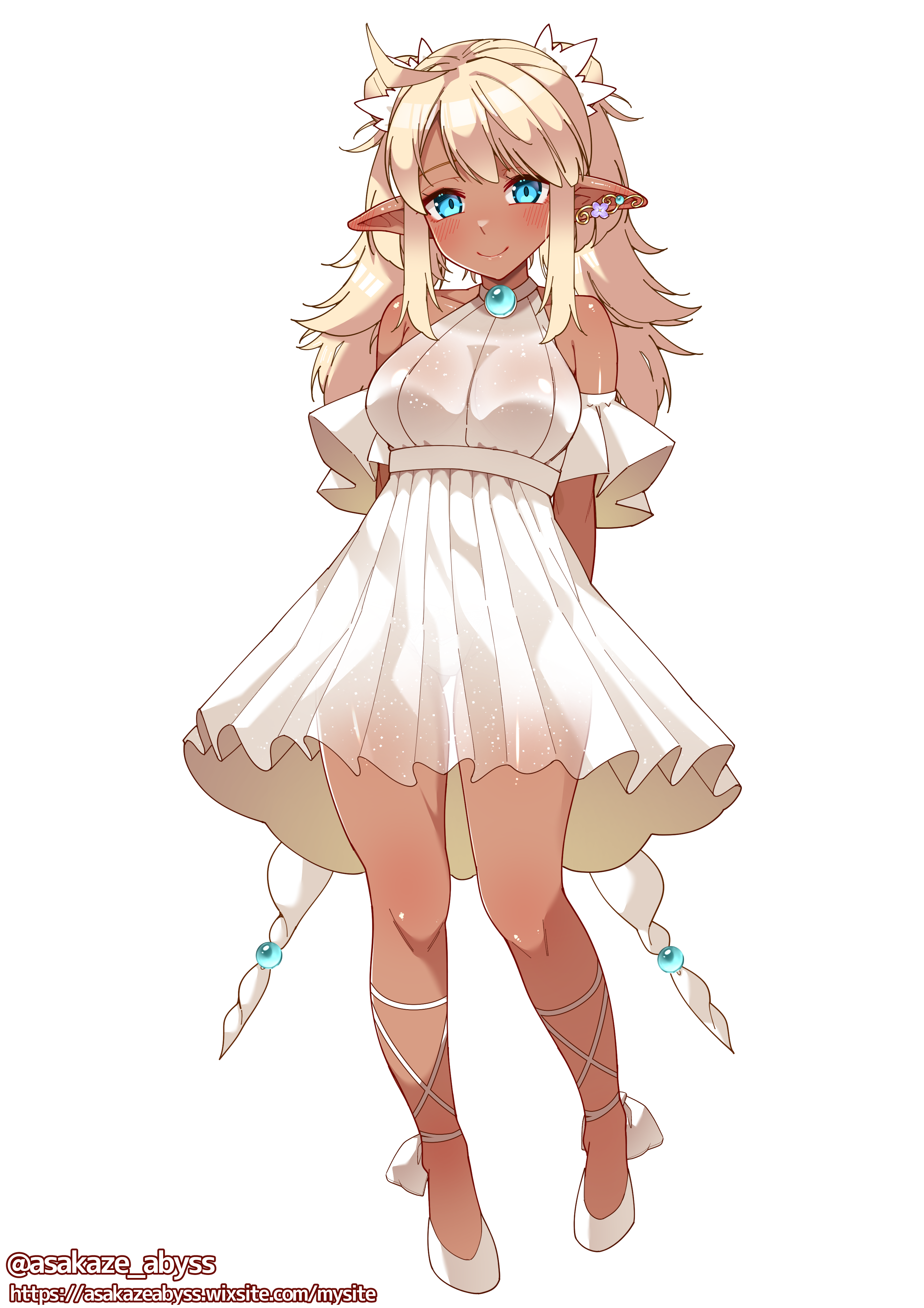 asakaze abyss, original, absurdres, highres, 1girl, ahoge, arms behind back, artist name, bare shoulders, blonde hair, blue eyes, blush, breasts, brooch, closed mouth, dark-skinned female, dark skin, detached sleeves, dress, earrings, elf, full body, jewelry, long hair, looking at viewer, medium breasts, pleated dress, pointy ears, shoes, short sleeves, sidelocks, simple background, solo, standing, twintails, twitter username, white background, white dress, white shoes