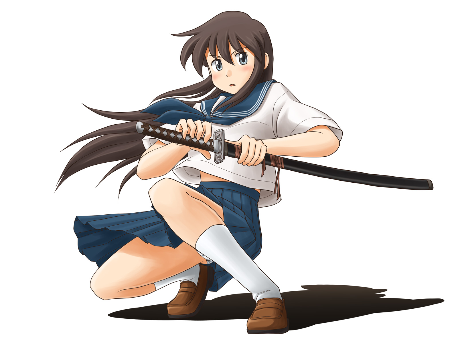 lielos, sera haruna, original, highres, 1girl, brown hair, female focus, grey eyes, katana, panties, pantyshot, school uniform, serafuku, skirt, socks, solo, squatting, sword, underwear, upskirt, weapon