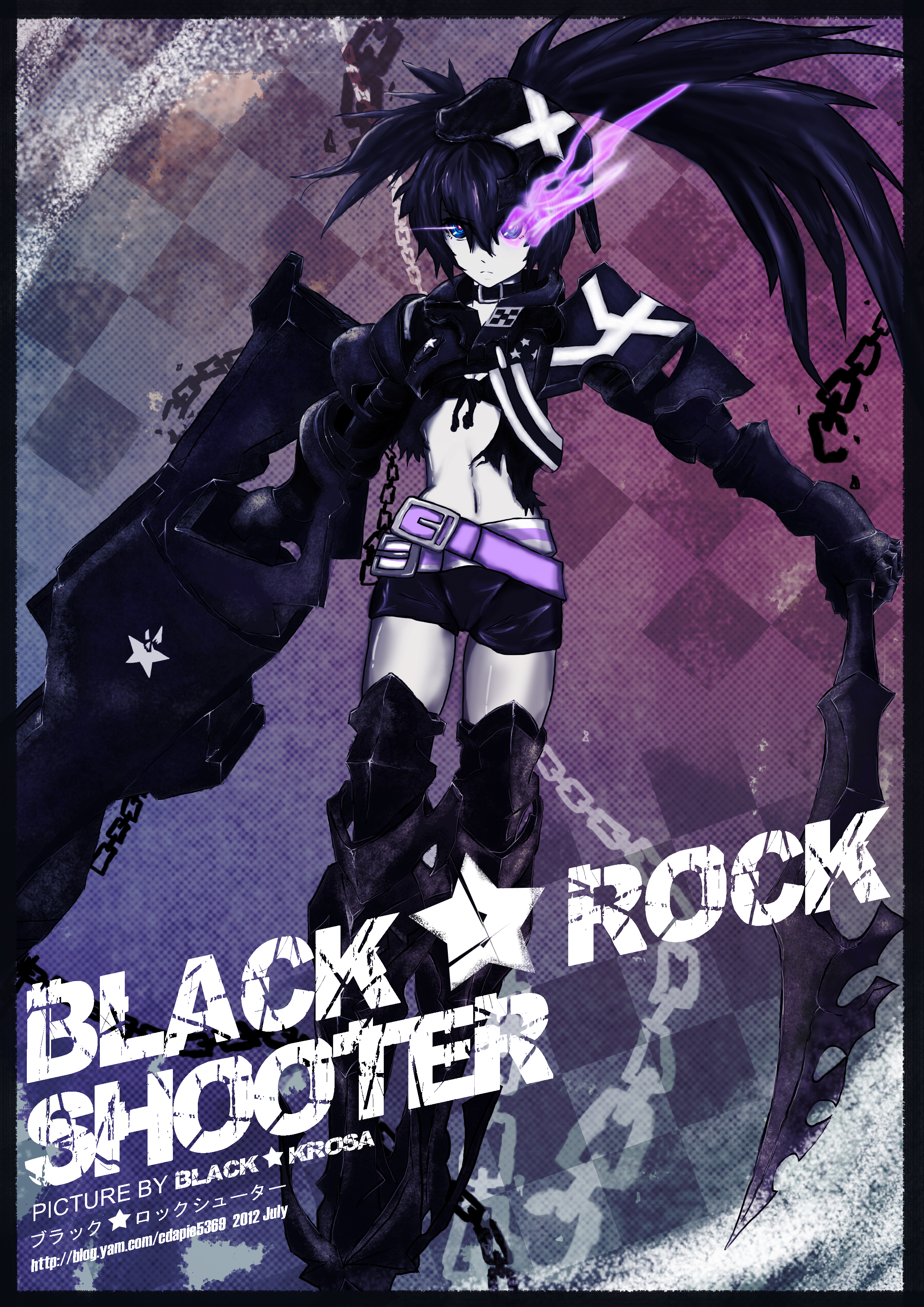 insane black rock shooter, black rock shooter, absurdres, highres, 1girl, armor, armored boots, belt, belt skirt, black choker, black krosa, black shorts, boots, chain, choker, fire, flaming eye, gauntlets, greaves, huge weapon, long hair, loose belt, pale skin, purple fire, rock cannon, scar, shorts, stitches, sword, twintails, uneven twintails, weapon
