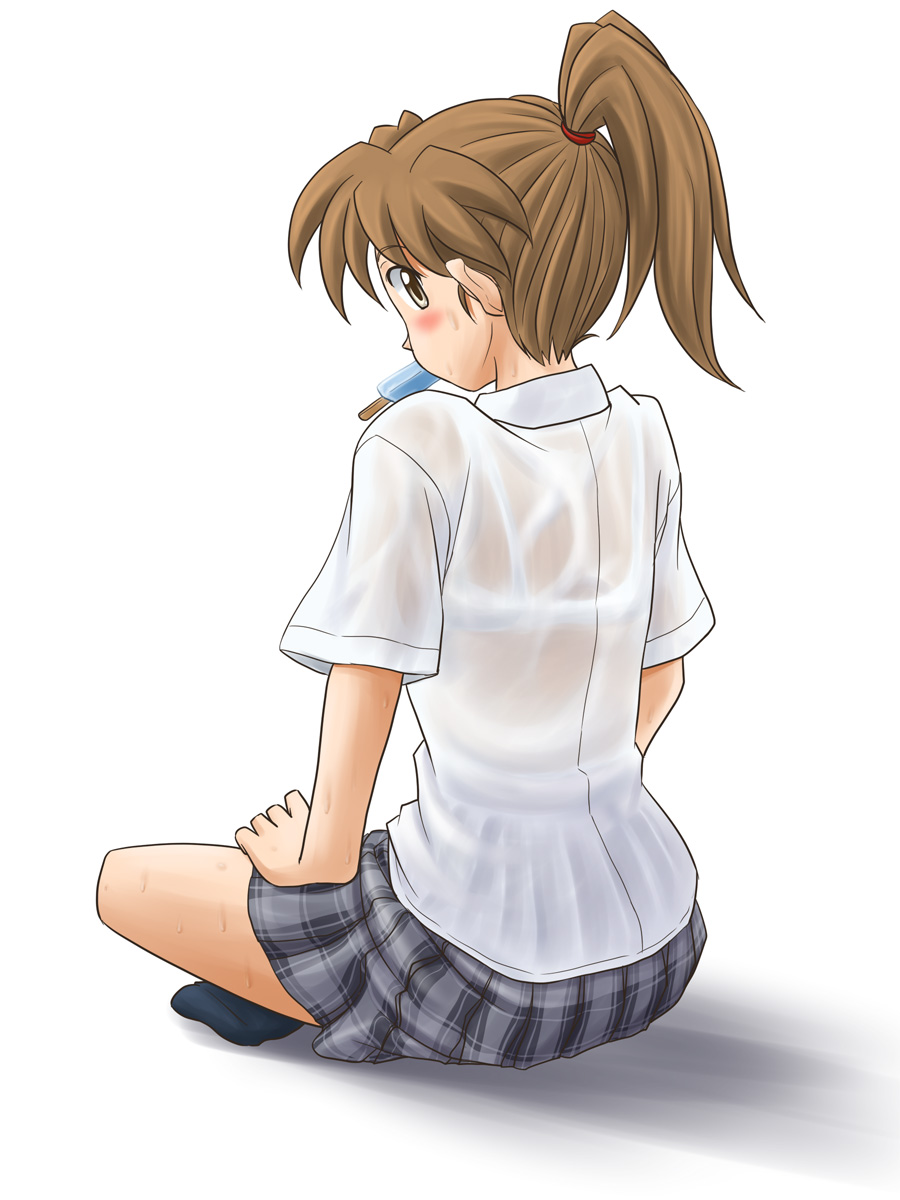 lielos, poniko (lielos), original, highres, 1girl, blush, bra, dress shirt, female focus, food, high ponytail, indian style, lingerie, looking back, mouth hold, plaid clothes, plaid skirt, ponytail, popsicle, school uniform, see-through clothes, shirt, sitting, skirt, solo, underwear, wet, wet clothes