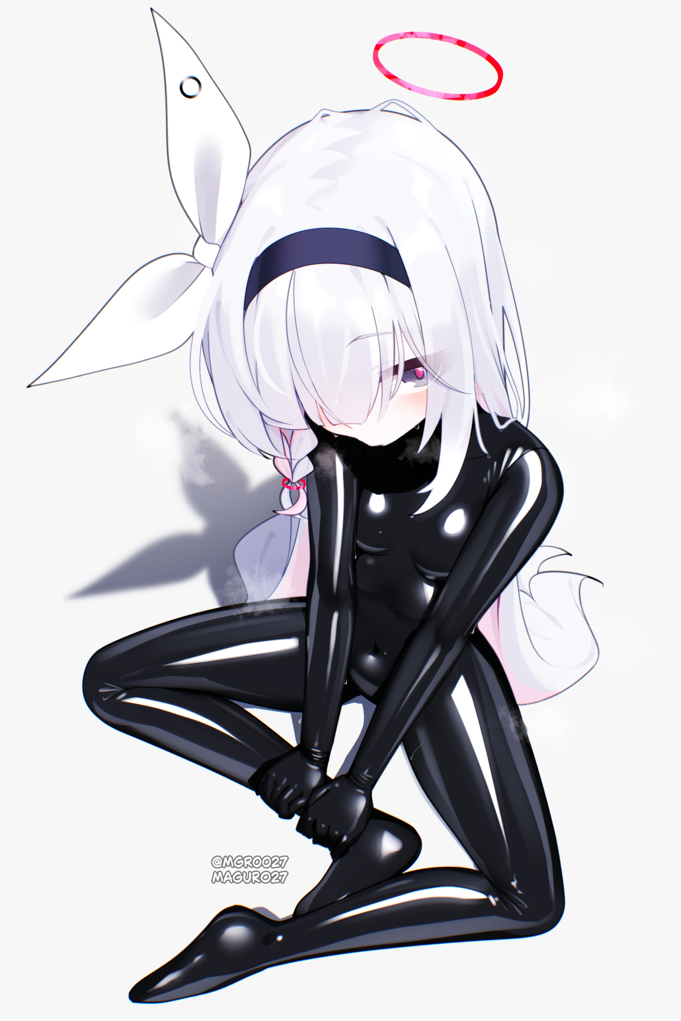 maguro27, blue archive, black eyes, blush, bodysuit, bow hairband, hairband, latex, latex bodysuit, long hair, white hair