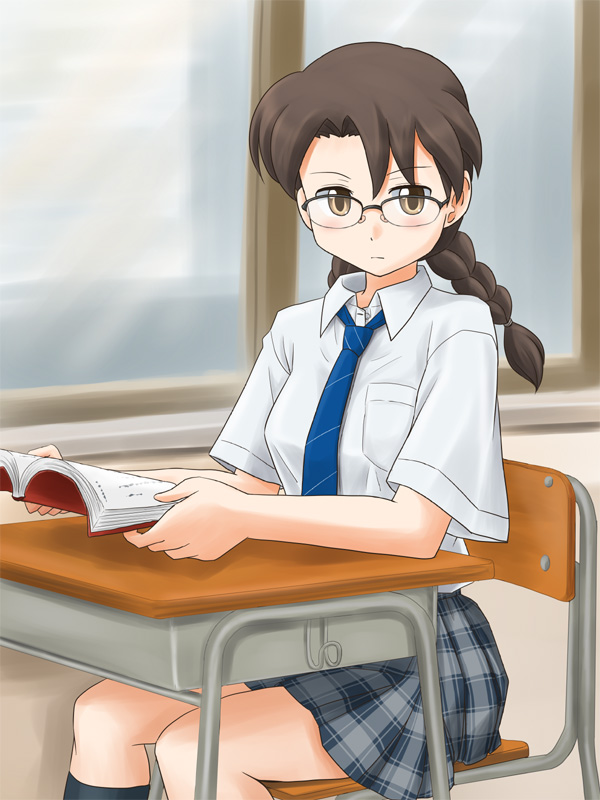 lielos, minazuki tomoko, original, 1girl, book, brown hair, desk, female focus, glasses, long hair, looking at viewer, necktie, school desk, school uniform, sitting, skirt, solo