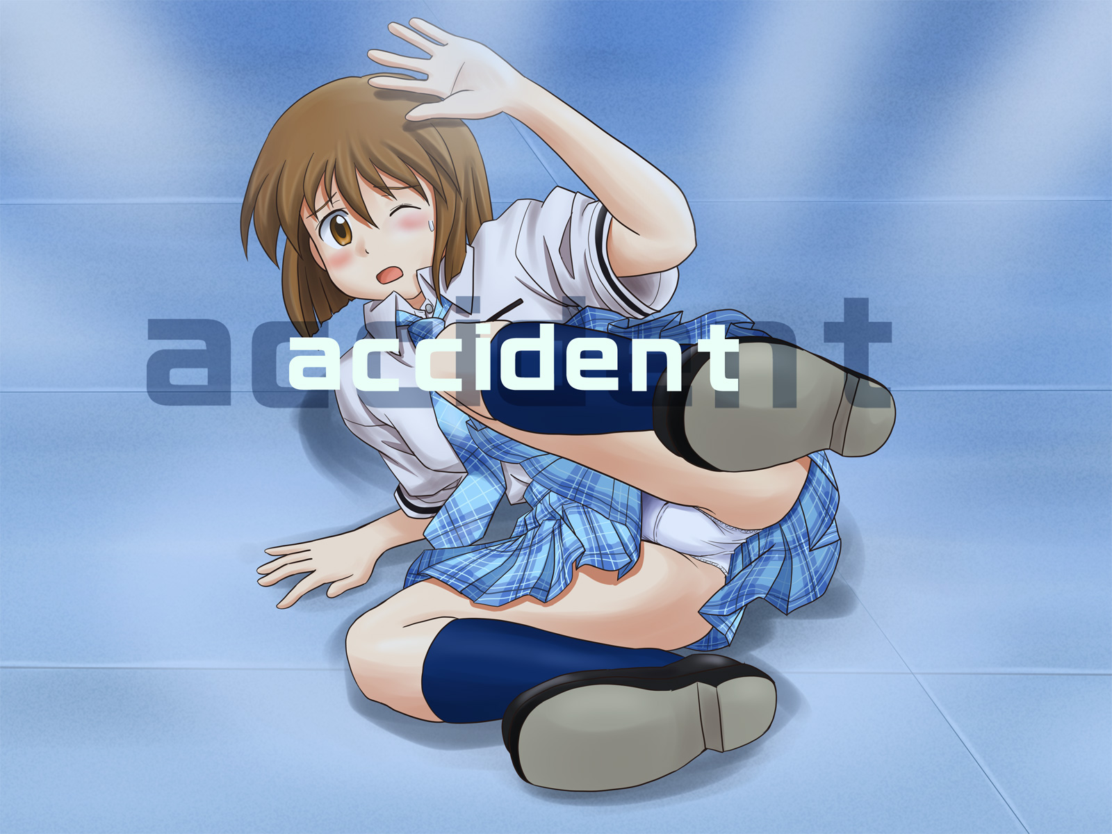 lielos, hagiwara yukiho, idolmaster, idolmaster (classic), highres, 00s, 1girl, blush, brown eyes, brown hair, failure, female focus, one eye closed, panties, rough time school, shoes, solo, underwear, upskirt, wink