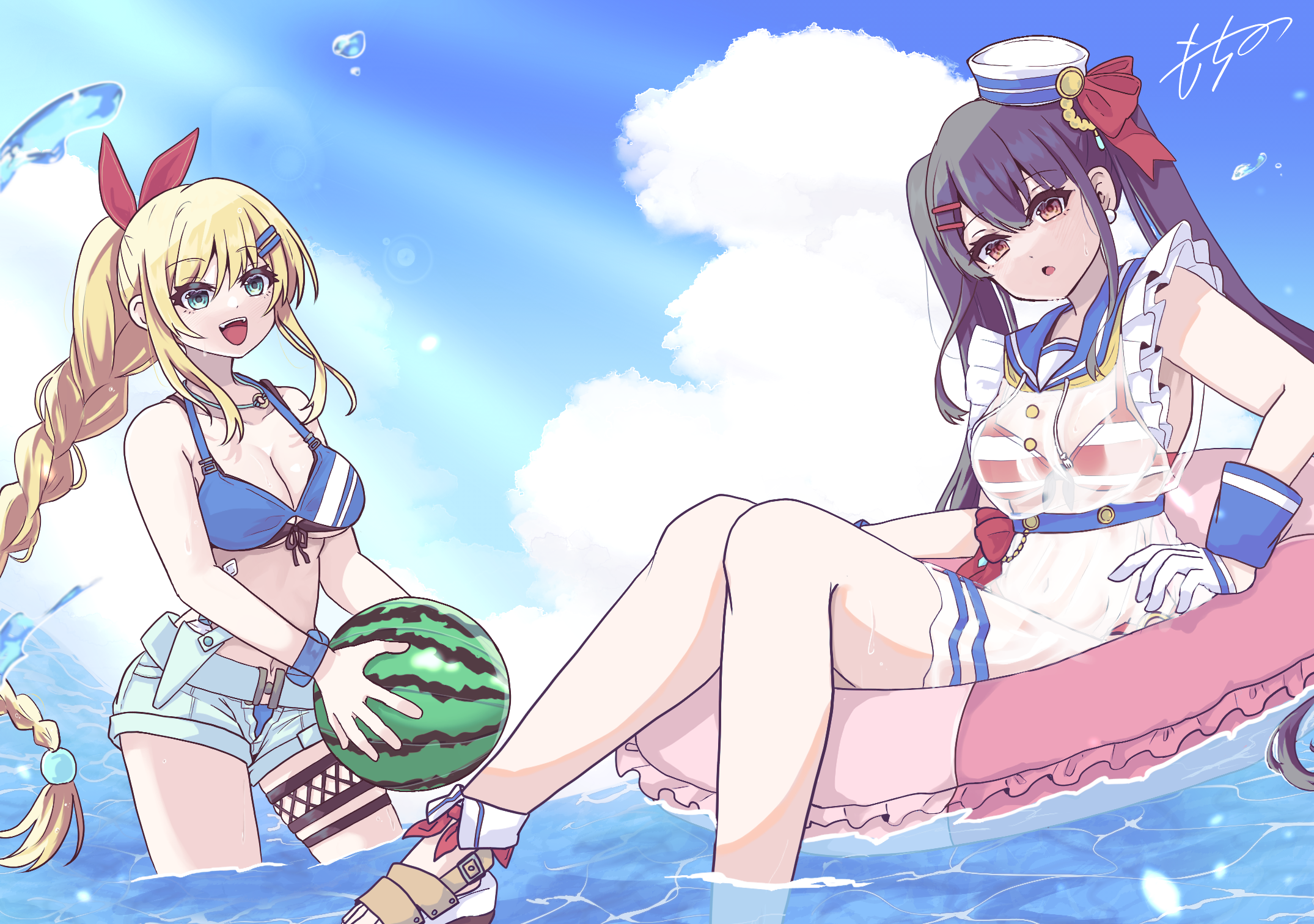 siromochino, kanzaki adelheid, satsuki mari, heaven burns red, highres, 2girls, :d, :o, anchor print, ball, bare arms, bare shoulders, beachball, belt, bikini, bikini top only, bikini under clothes, black hair, blonde hair, blue bikini, blue eyes, blue sailor collar, blue shorts, blue sky, blush, bow, braid, braided ponytail, breasts, brown eyes, cleavage, cloud, cloudy sky, collarbone, day, denim, denim shorts, dress, fang, food, frilled dress, frills, front-tie bikini top, front-tie top, fruit, gloves, green eyes, hair between eyes, hair ornament, hair ribbon, hairclip, hat, hat ribbon, holding, holding ball, holding beachball, holding food, holding fruit, holding swim ring, innertube, jewelry, knees up, large breasts, long hair, looking at viewer, medium breasts, military hat, multi-tied hair, multiple girls, navel, neckerchief, necklace, ocean, open clothes, open fly, open mouth, open shorts, outdoors, partially submerged, pleated dress, ponytail, red bikini, red eyes, red ribbon, ribbon, sailor, sailor collar, sailor dress, sailor hat, sandals, see-through clothes, see-through shirt, shirt, short dress, short shorts, shorts, sidelocks, single braid, sitting, sky, sleeveless, sleeveless dress, smile, standing, striped bikini, striped clothes, sunlight, swim ring, swimsuit, teeth, thigh strap, twintails, upper teeth only, very long hair, wading, water, water drop, watermelon beachball, wet, wet clothes, wet dress, white dress, white gloves, wrist cuffs