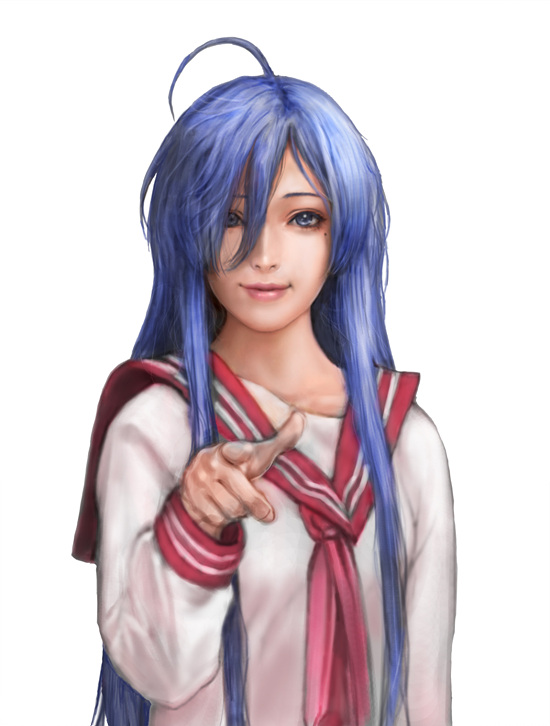 neongun, izumi konata, lucky star, derivative work, photo-referenced, 00s, 1girl, ahoge, blue eyes, blue hair, female focus, lips, long hair, matching hair/eyes, mole, mole under eye, pointing, pointing at viewer, realistic, school uniform, serafuku, smile, solo