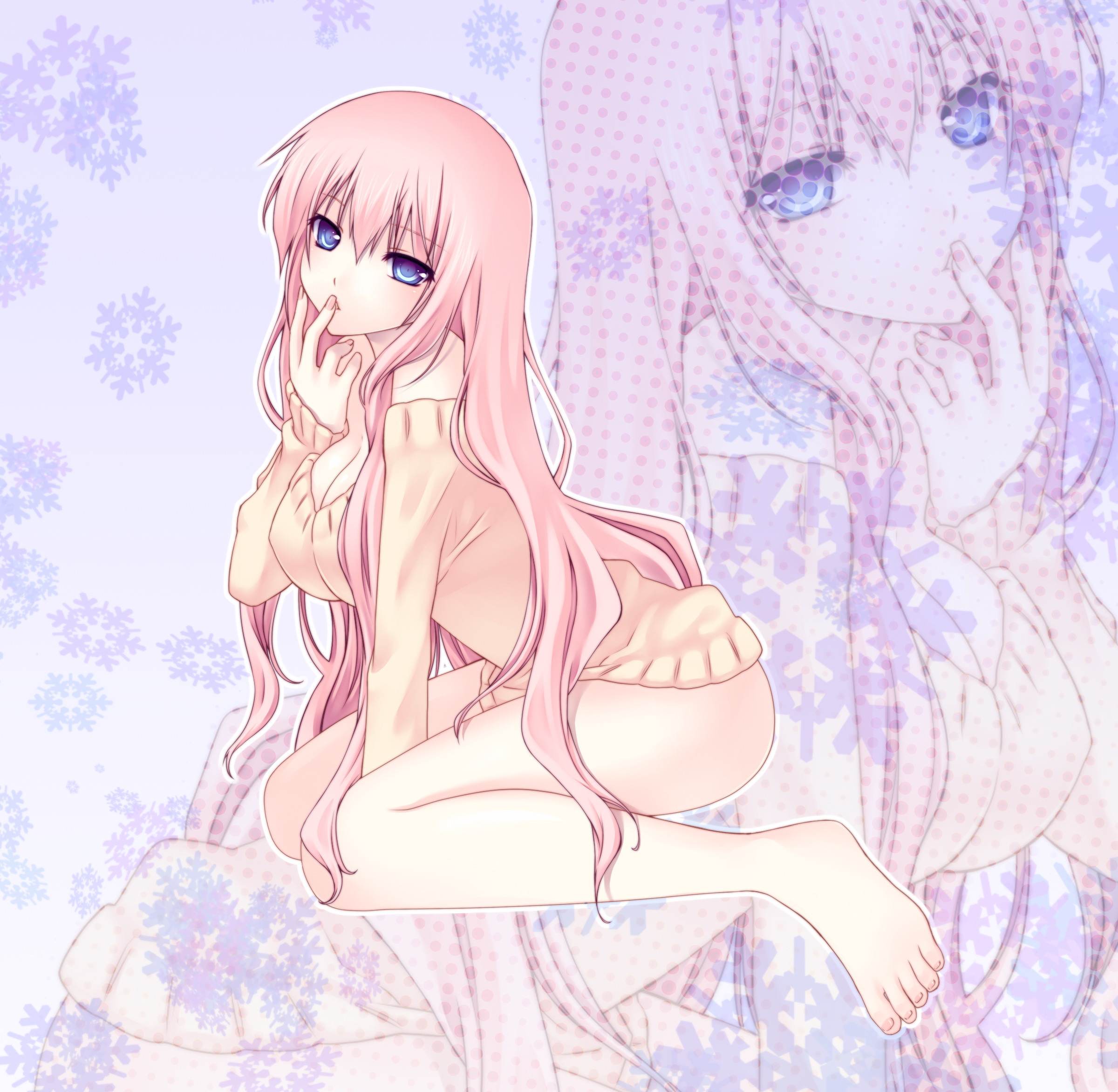 nana mikoto, megurine luka, vocaloid, highres, 1girl, bare legs, bare shoulders, barefoot, blue eyes, bottomless, breasts, cleavage, feet, female focus, finger to mouth, full body, hand to own mouth, large breasts, long hair, naked sweater, no pants, pink hair, sitting, solo, sweater, very long hair, zoom layer