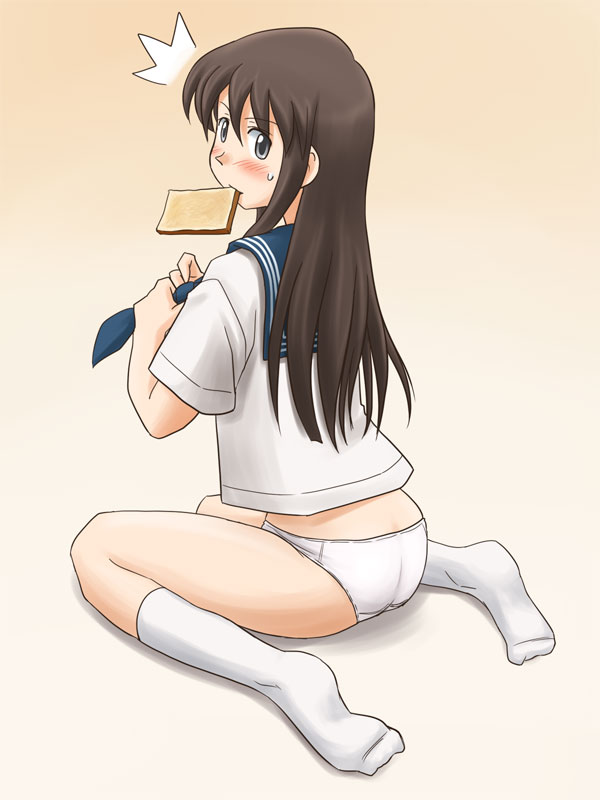 lielos, sera haruna, original, 1girl, adjusting clothes, adjusting tie, ass, blush, bow, bread, bread slice, brown hair, dressing, feet, female focus, food, food in mouth, kneeling, looking back, mouth hold, no pants, panties, school uniform, sitting, socks, solo, toast, toast in mouth, underwear, wariza