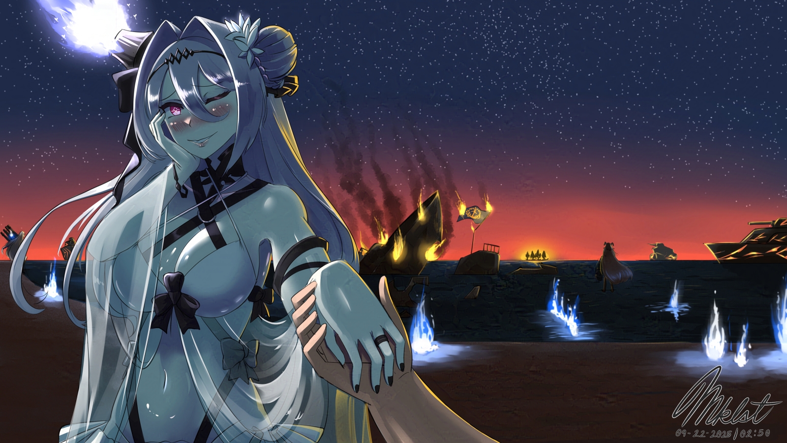 maikeruexe, arbiter the empress iii (azur lane), siren (azur lane), azur lane, commission, highres, 1girl, bikini, blue fire, blush, breasts, fire, grey hair, hair between eyes, hair bun, horns, jewelry, large breasts, long hair, looking at viewer, marriage proposal, navel, night, night sky, one eye closed, pov, pov hands, purple eyes, ring, ship, signature, single horn, single side bun, sinking, sky, star (sky), starry sky, swimsuit, very long hair, watercraft, white bikini