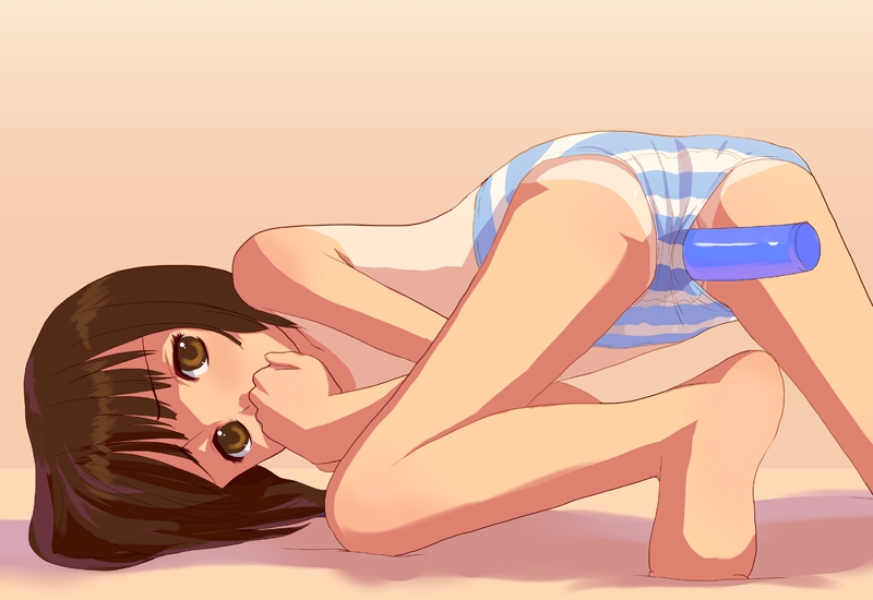 natori (natorism), copyright request, 1girl, all fours, ass, barefoot, brown eyes, brown hair, dildo, feet, female focus, loli, one-piece tan, paint.net (medium), panties, sex toy, short hair, soles, solo, striped clothes, striped panties, tan, tanline, underwear