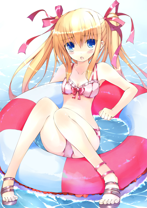 hoshikuzu, original, 1girl, bikini, blonde hair, female focus, full body, hair ribbon, innertube, long hair, pink bikini, ribbon, sandals, solo, swim ring, swimsuit, twintails