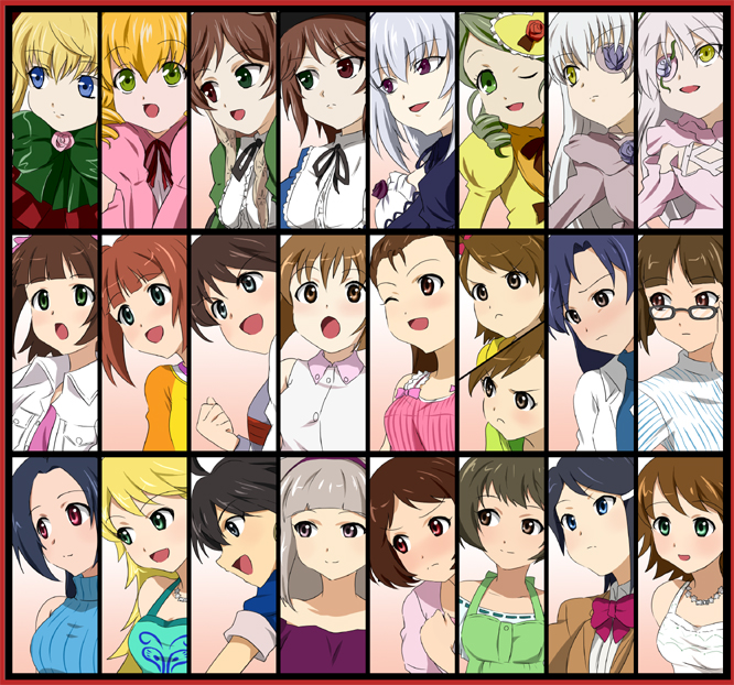ikari manatsu, akizuki ritsuko, akizuki ryo, amami haruka, awakened miki, barasuishou, futami ami, futami mami, ganaha hibiki, hagiwara yukiho, hidaka ai, hinaichigo, hoshii miki, kanaria, kikuchi makoto, kirakishou, kisaragi chihaya, minase iori, miura azusa, mizutani eri, otonashi kotori, shijou takane, shinku, souseiseki, suigintou, suiseiseki, takatsuki yayoi, idolmaster, idolmaster (classic), idolmaster dearly stars, rozen maiden, bad id, bad pixiv id, 00s, 6+girls, blonde hair, character select, column lineup, crossover, dual persona, grid lineup, multiple girls, siblings, sisters, twins