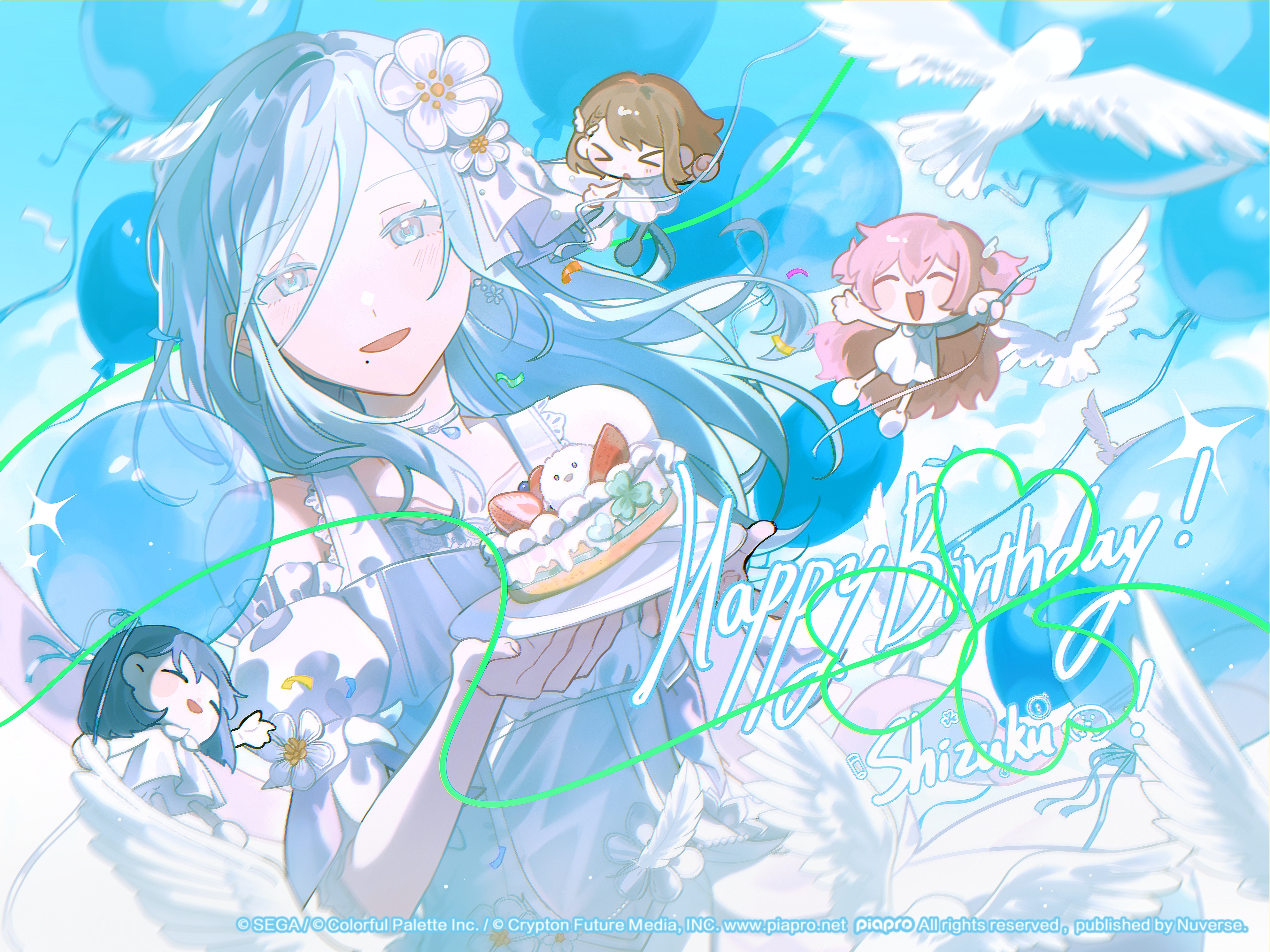 kyline, hanasato minori, hinomori shizuku, kiritani haruka, momoi airi, project sekai, absurdres, chinese commentary, commentary request, flower request, highres, official art, second-party source, > <, 4girls, ^ ^, balloon, bird, birthday cake, blue eyes, blue hair, blue sky, brown hair, cake, character name, chibi, choker, closed eyes, cloud, cloudy sky, collarbone, color of myself! (project sekai), copyright notice, day, detached sleeves, dress, earrings, feathers, flower, flower earrings, food, frilled dress, frills, fruit, guest art, hair between eyes, hair flower, hair ornament, hands up, happy birthday, holding, holding balloon, holding plate, jewelry, light blush, long hair, looking at viewer, mole, mole under mouth, more more jump! (project sekai), multiple girls, official alternate costume, open mouth, pink hair, plate, puffy short sleeves, puffy sleeves, short hair, short sleeves, sidelocks, silver choker, sky, sleeveless, sleeveless dress, smile, sparkle, strawberry, two side up, upper body, white bird, white dress, white flower