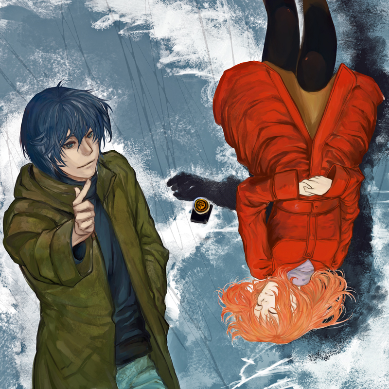 kusumori shiba, morimi saki, takizawa akira, higashi no eden, bad id, bad pixiv id, 00s, cellphone, closed eyes, coat, finger gun, orange hair, phone, pointing