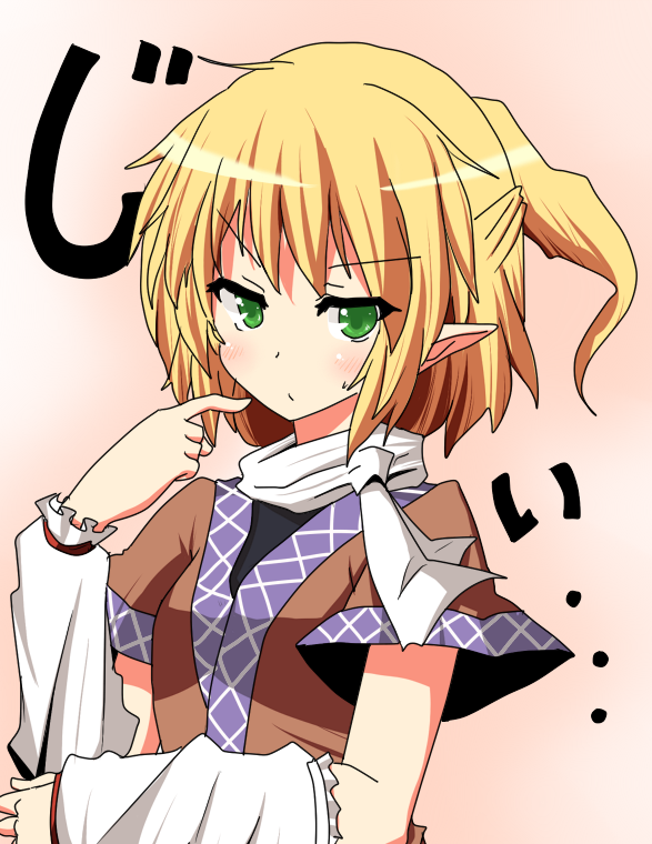 suna (sunaipu), sunaipu, mizuhashi parsee, touhou, 1girl, arm warmers, blonde hair, blush, detached sleeves, female focus, green eyes, half updo, pointy ears, scarf, solo