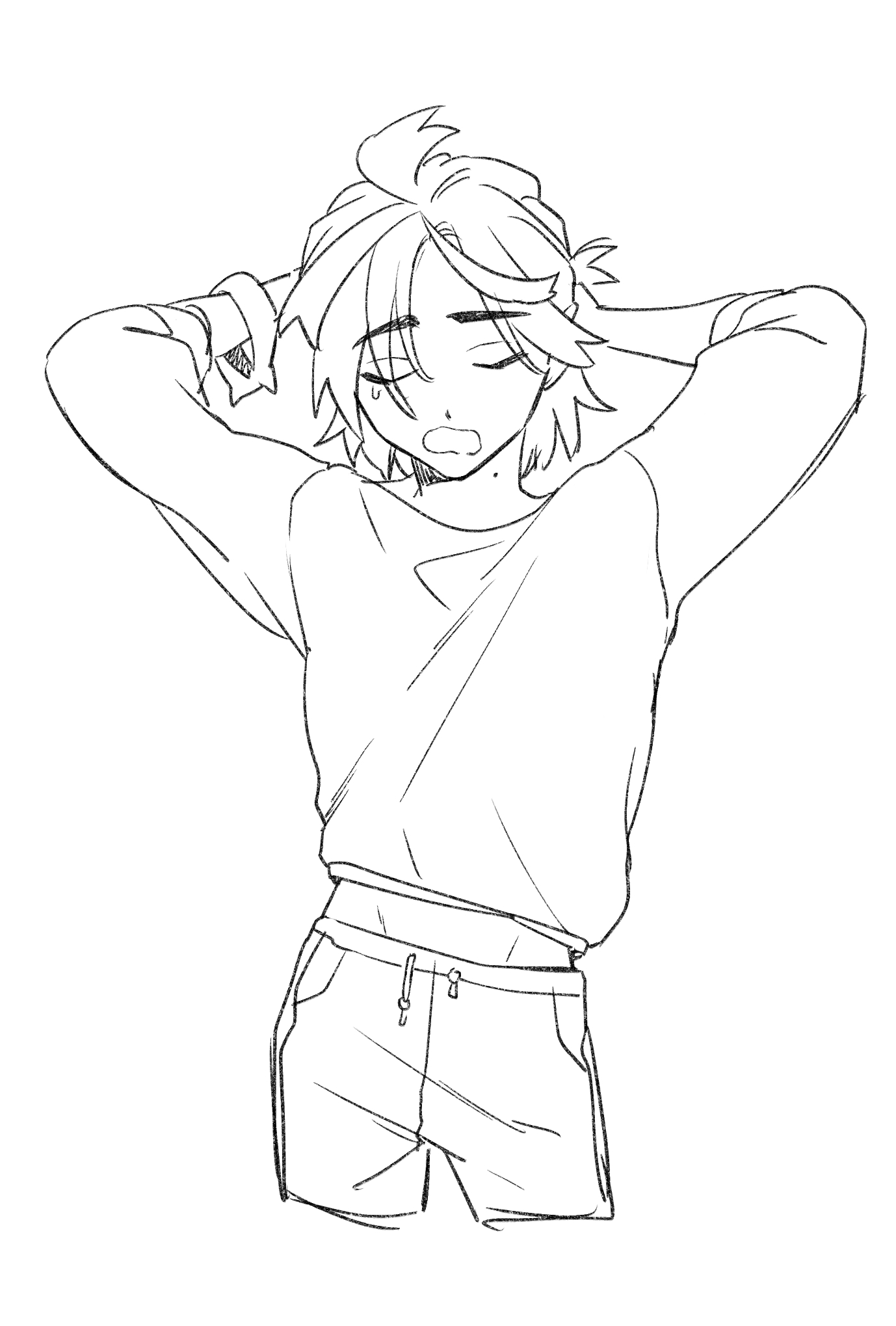 naruse makoto, kieran (pokemon), nintendo, pokemon, pokemon sv, highres, 1boy, adjusting hair, arms behind head, arms up, closed eyes, dot nose, hair lift, hair tie on wrist, hands in own hair, long sleeves, midriff peek, mole, mole on neck, monochrome, open mouth, sketch, solo, sweater, tying hair