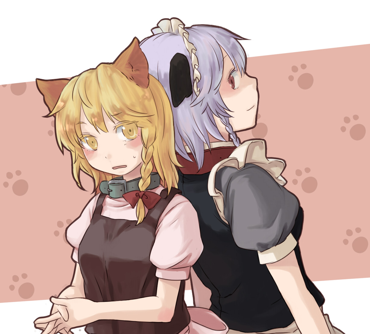 ari (artist), ariori haberi, izayoi sakuya, kirisame marisa, touhou, silver hair, bad id, bad pixiv id, 2girls, animal ears, blonde hair, braid, cat ears, cat girl, collar, female focus, multiple girls, red eyes, short hair, twin braids, yellow eyes