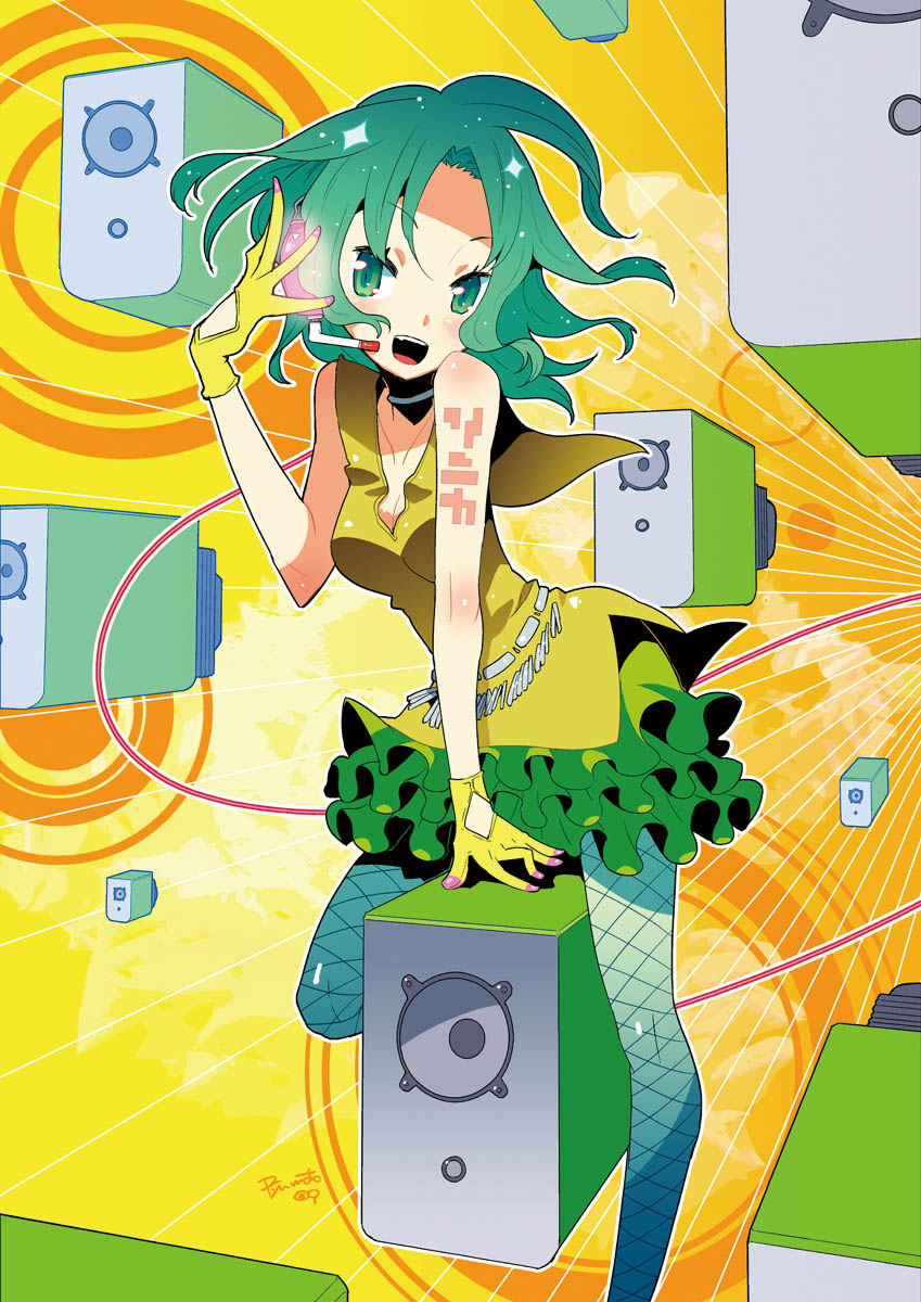 hamamoto ryuusuke, sonika, vocaloid, highres, amplifier, fishnet pantyhose, fishnets, frills, gloves, green eyes, green hair, pantyhose, skirt, solo, thighhighs