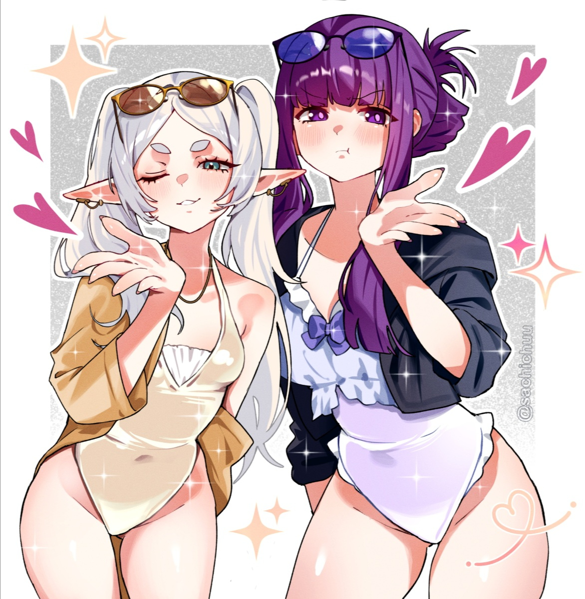 sachichuu, fern (sousou no frieren), frieren, sousou no frieren, commentary, english commentary, highres, 2girls, :t, black-framed eyewear, black jacket, blue-tinted eyewear, blush, border, breasts, casual one-piece swimsuit, closed mouth, covered navel, cowboy shot, cropped jacket, ear piercing, elf, eyewear on head, frilled one-piece swimsuit, frills, gluteal fold, gold one-piece swimsuit, green eyes, grey hair, grin, hand up, heart, highleg, highleg one-piece swimsuit, jacket, large breasts, long hair, long sidelocks, looking at viewer, multiple girls, off shoulder, one-piece swimsuit, one eye closed, open clothes, open jacket, outline, outside border, piercing, pointy ears, pout, purple eyes, purple hair, short eyebrows, sidelocks, single bare shoulder, sleeves pushed up, small breasts, smile, standing, swimsuit, thick eyebrows, tinted eyewear, twintails, twitter username, v-shaped eyebrows, very long hair, white border, white one-piece swimsuit, white outline, yellow-framed eyewear, yellow jacket