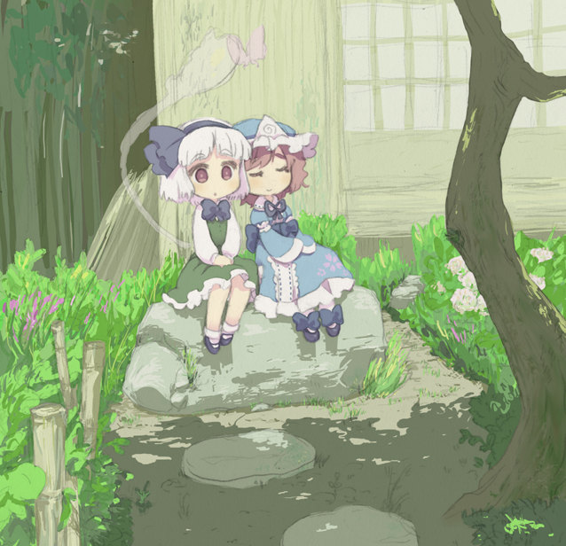 oto, konpaku youmu, konpaku youmu (ghost), saigyouji yuyuko, touhou, 2girls, bob cut, bug, butterfly, chibi, dappled sunlight, day, female focus, insect, multiple girls, outdoors, sitting, socks, sunlight