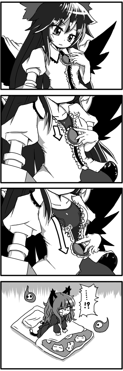 [], kaenbyou rin, reiuji utsuho, touhou, highres, long image, tall image, !?, 2girls, 4koma, :3, alternate hairstyle, animal ears, arrow (symbol), bow, cat ears, cat girl, cat tail, comic, female focus, floating skull, futon, greyscale, hair down, long hair, monochrome, multiple girls, multiple tails, nekomata, silent comic, swimsuit, swimsuit under clothes, tail, unzipping, wings, zipper