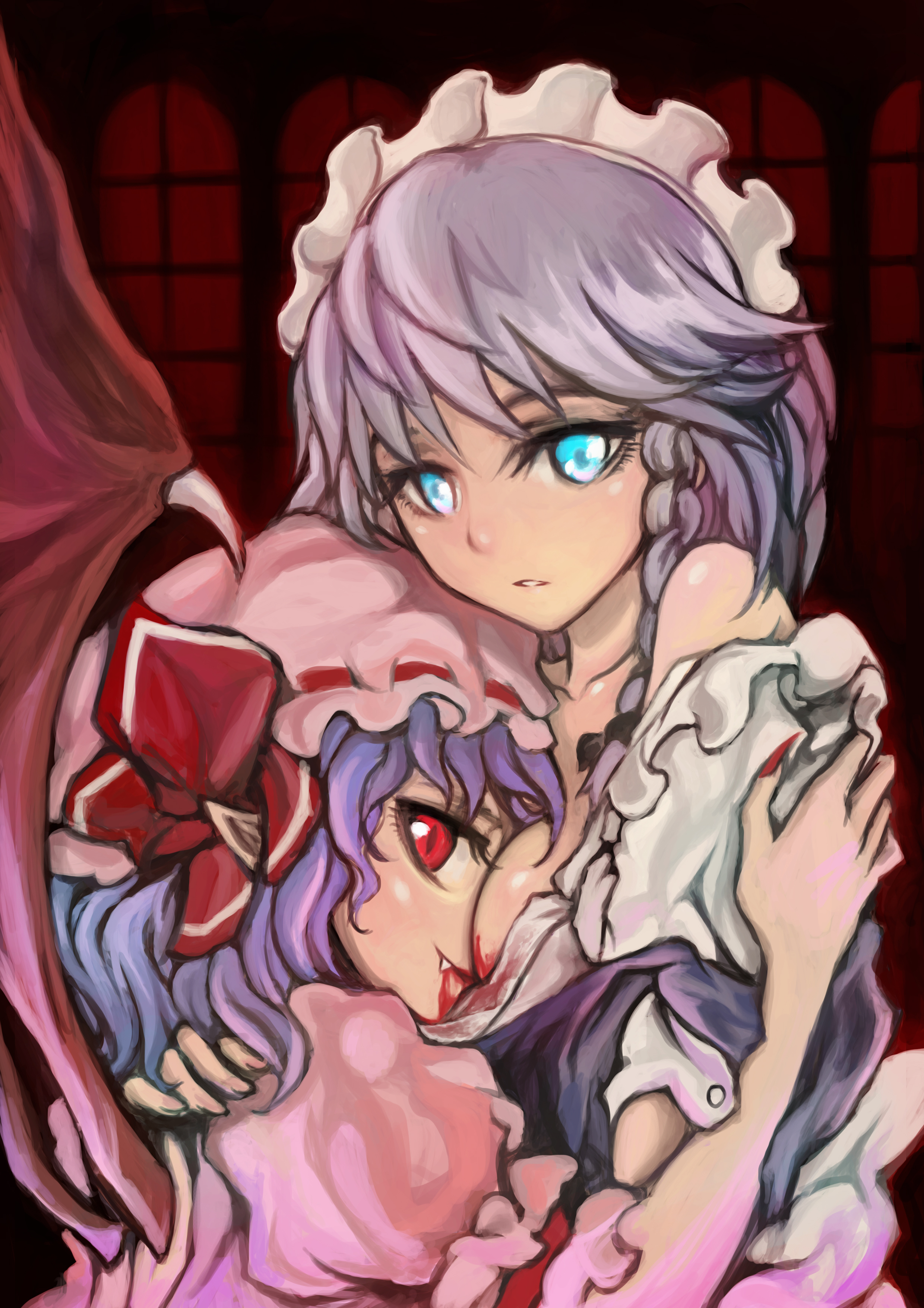 hjz (artemi), izayoi sakuya, remilia scarlet, touhou, light purple hair, absurdres, highres, 2girls, blood, blue eyes, braid, breasts, demon wings, fang, fangs, female focus, glowing, glowing eyes, grey hair, hug, looking at viewer, looking back, maid, multiple girls, open clothes, open shirt, red eyes, shirt, slit pupils, smile, twin braids, vampire, wings, yuri