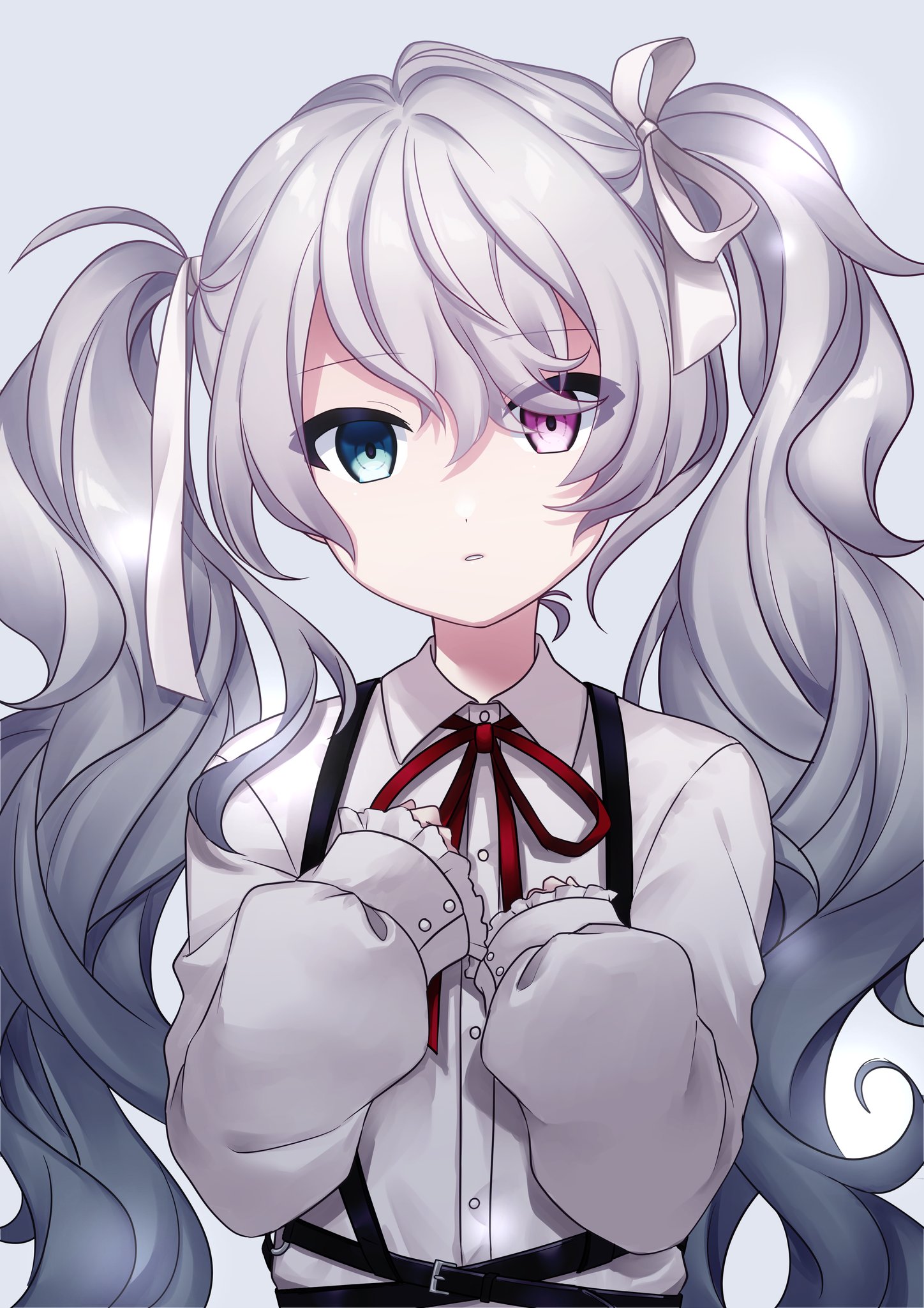 pochimaru (marumaru wanwan), 25-ji miku, hatsune miku, project sekai, vocaloid, commentary request, highres, 1girl, aqua eyes, breasts, collared shirt, grey hair, hair between eyes, hair ornament, hair ribbon, hand on own chest, hands on own chest, heterochromia, long hair, looking at viewer, medium breasts, pink eyes, pink ribbon, ribbon, shirt, solo, twintails, very long hair, white background, white shirt