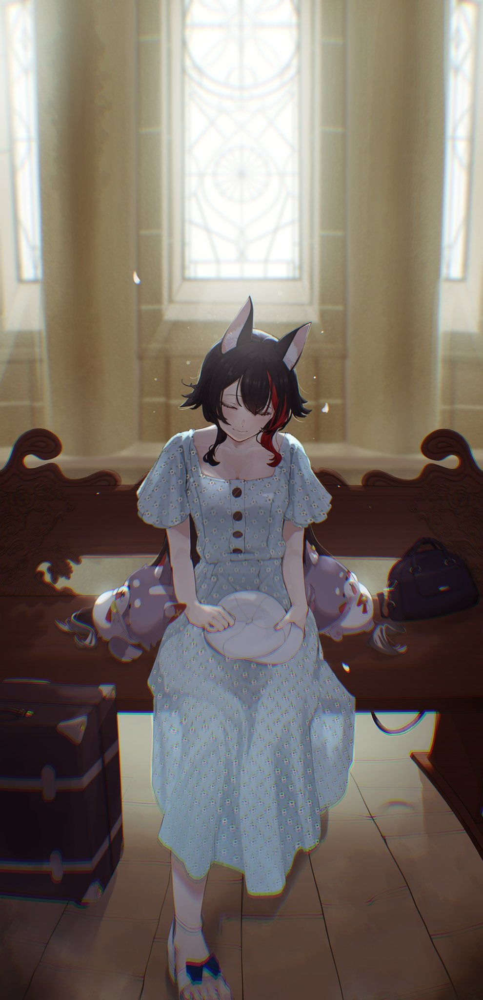 edge ill, ookami mio, hololive, hashtag-only commentary, highres, 1girl, animal ear fluff, animal ears, bench, black bag, black hair, blue dress, chromatic aberration, closed eyes, closed mouth, double-parted bangs, dress, full body, hair between eyes, hat, holding, holding unworn clothes, holding unworn hat, indoors, long hair, multicolored hair, on bench, red streaks, sandals, sitting, smile, solo, streaked hair, unworn hat, unworn headwear, virtual youtuber, white hat, white sandals, wolf ears, wolf girl