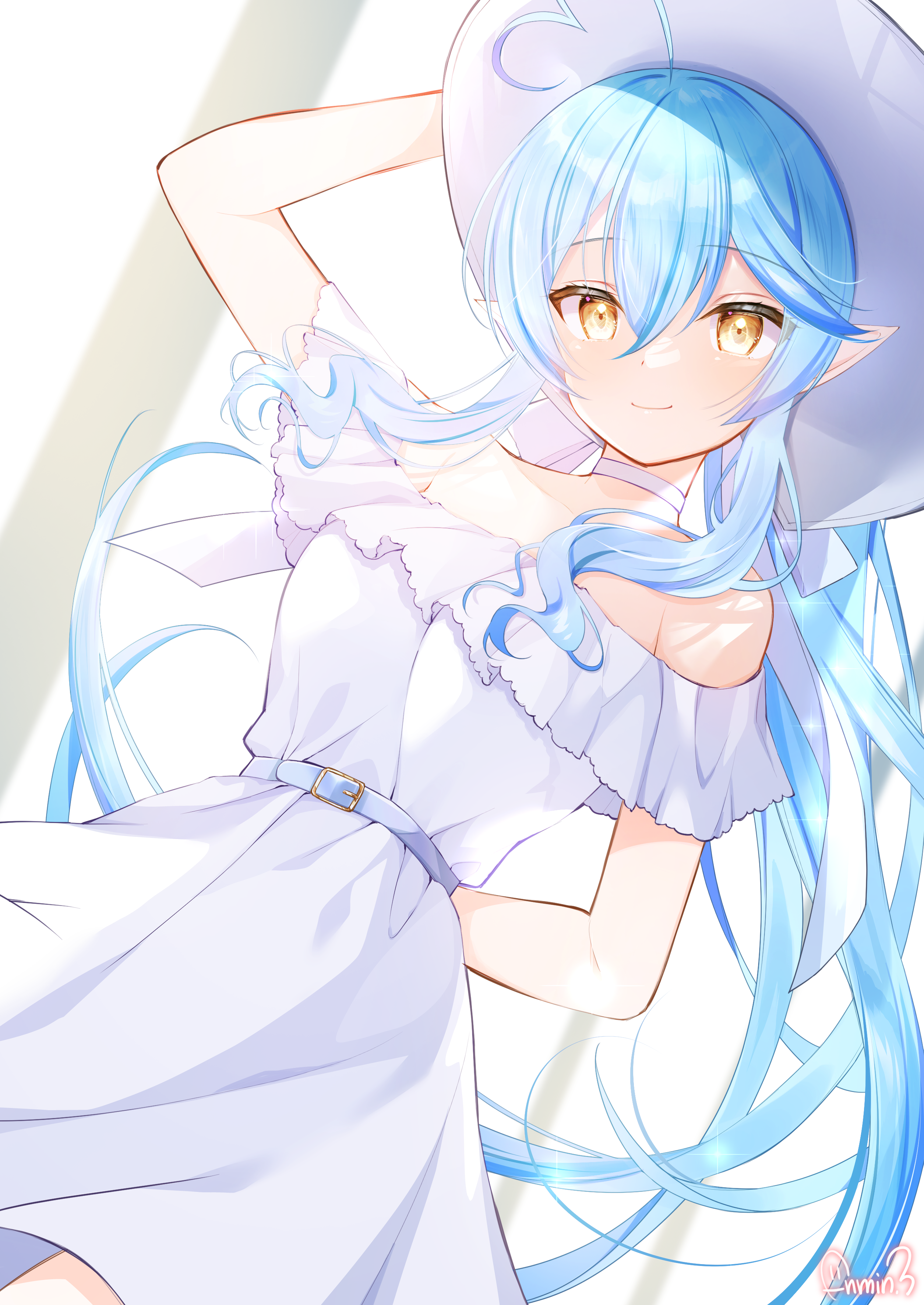 drop.b, yukihana lamy, hololive, absurdres, commentary request, highres, 1girl, ahoge, aqua belt, aqua hair, arm behind back, arm up, belt, breasts, choker, closed mouth, collarbone, dress, elf, hair between eyes, hat, heart, heart ahoge, long hair, looking at viewer, pointy ears, smile, solo, sun hat, very long hair, virtual youtuber, white choker, white dress, white hat, yellow eyes