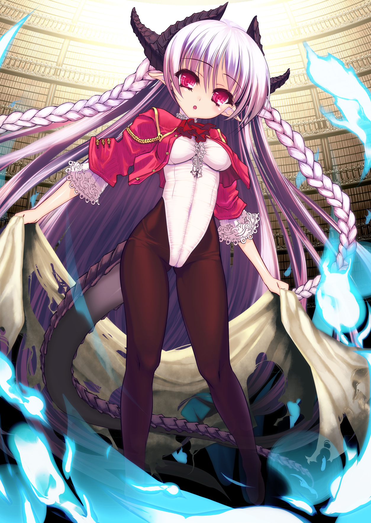 coffee cat, highres, 1girl, :o, braid, breasts, dragon girl, female focus, head tilt, horns, impossible clothes, legs, leotard, library, long hair, monster girl, pantyhose, pink hair, pointy ears, red eyes, solo, tail, twin braids, very long hair, white hair