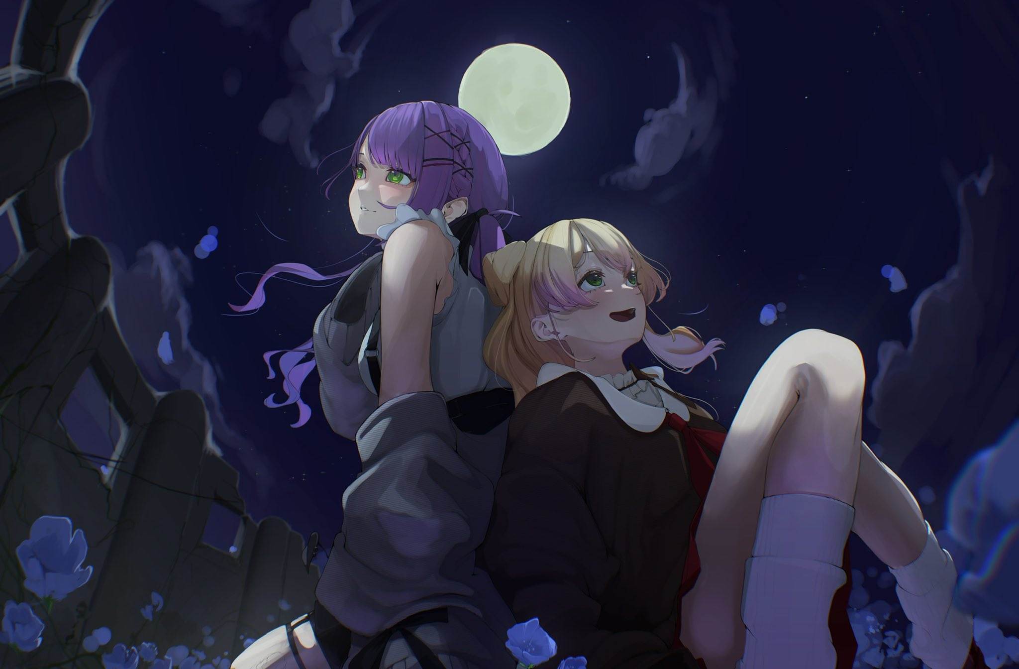 edge ill, momosuzu nene, tokoyami towa, hololive, hashtag-only commentary, highres, 2girls, armpit crease, bare shoulders, black shirt, black sky, blonde hair, blue flower, breasts, double-parted bangs, flower, full moon, gradient hair, green eyes, grey jacket, grey socks, hair ornament, hairclip, jacket, jacket partially removed, knees up, long hair, looking up, medium hair, moon, multicolored hair, multiple girls, night, open mouth, outdoors, parallel hairclips, parted bangs, petals, purple hair, shirt, sky, smile, socks, virtual youtuber, x hair ornament