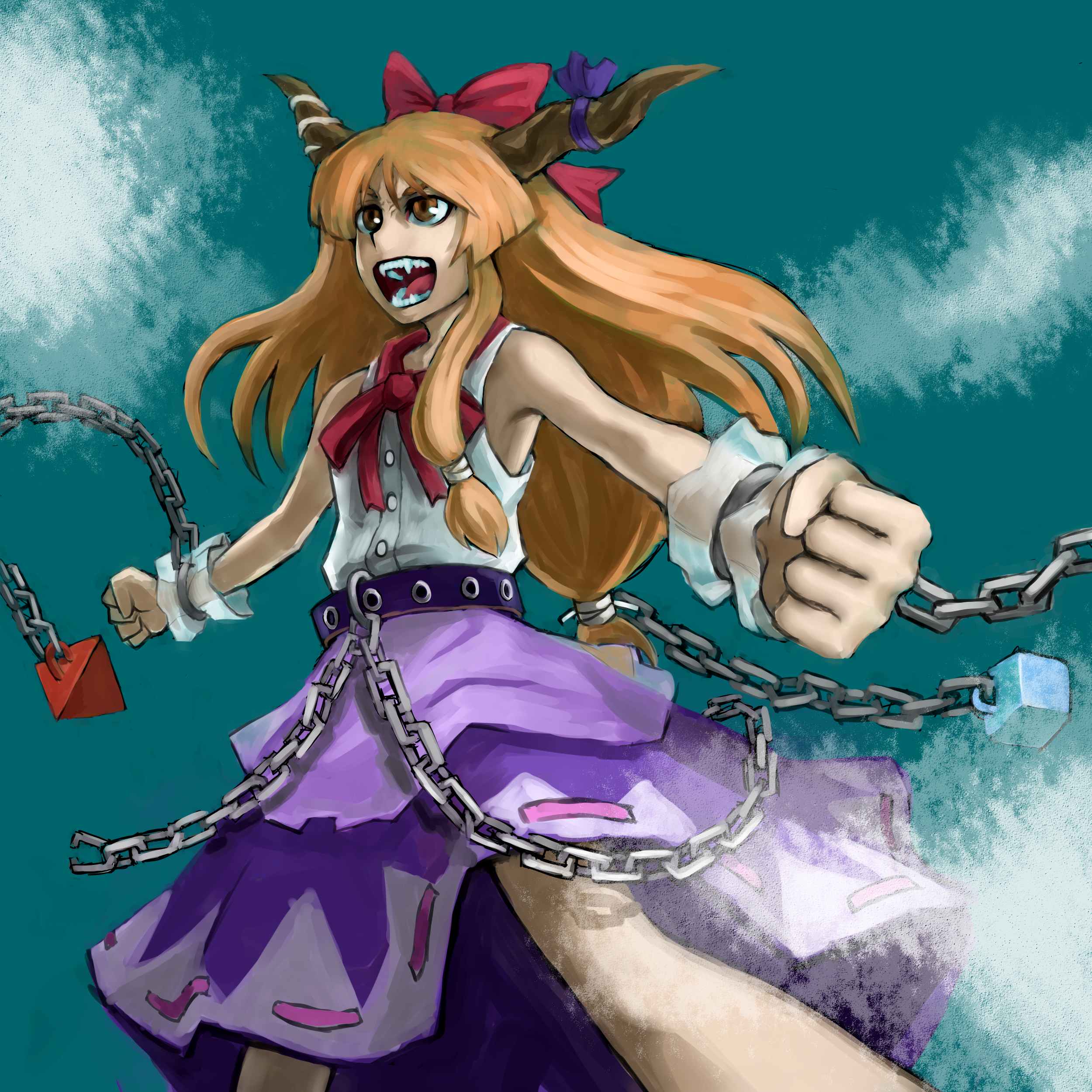 ichimi tougarashi, ibuki suika, touhou, absurdres, highres, 1girl, bare shoulders, bow, chain, cloud, female focus, hair bow, horn ornament, horn ribbon, horns, long hair, orange hair, red eyes, ribbon, sharp teeth, skirt, solo, teeth, wrist cuffs