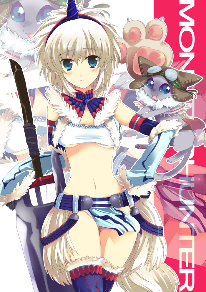 nakayama miyuki, felyne, capcom, monster hunter (series), bad id, bad pixiv id, 1girl, blonde hair, blue eyes, blush, breasts, elbow gloves, female focus, gloves, horns, kirin (armor), midriff, navel, single horn, solo, sword, thighhighs, underboob, weapon