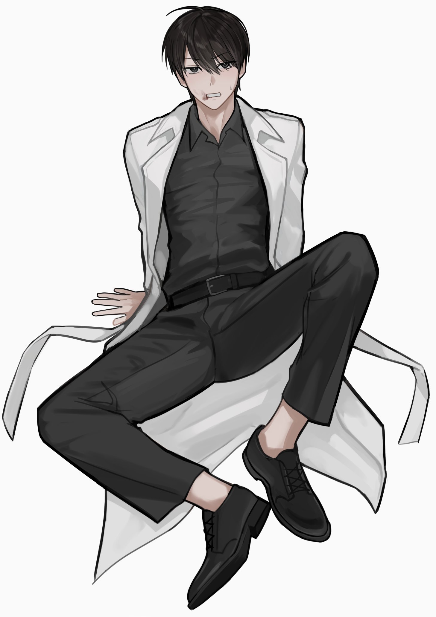 keomikan, kim dokja, omniscient reader's viewpoint, highres, 1boy, black hair, black shirt, blood on mouth, coat, collared shirt, full body, knee up, leaning back, looking at viewer, male focus, open clothes, open coat, shirt, short hair, solo, spread legs, white coat